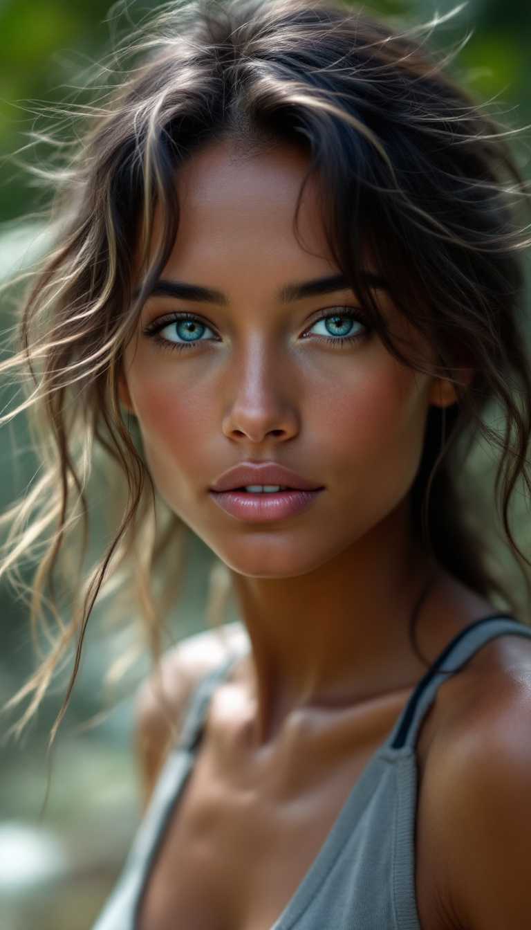 This image features a closeup portrait of a person with the following visual elements1. Hair The individual has long, wavy hair that appears to be of a dark color with lighter highlights. The hair is tousled and slightly windswept, giving the impression of movement or a breezy environment.2. Eyes The person has striking blue eyes that are wide open and seem to be looking directly at the viewer. The irises are clear and the pupils are slightly dilated, which could indicate a relaxed or attentive state.3. Skin The skin tone is a warm, rich brown, and there is a visible glow on the skin, suggesting a healthy complexion or perhaps the effects of sunlight. There are no discernible facial features due to the closeup framing.4. Clothing The person is wearing a gray garment that appears to be a tank top or a similar type of top. The neckline is visible, and the fabric seems to be loose and comfortable.5. Background The background is blurred and indistinct, with a soft focus that does not detract from the subject. There are hints of a greenish hue, which could suggest the presence of foliage or a light source with a green tint.6. Lighting The lighting in the image is soft and diffused, likely from a natural source given the warm tones on the skin and the overall ambiance of the portrait. The lighting accentuates the contours of the hair and the texture of the clothing.7. Shadow There is a subtle shadow on the right side of the subjects face, which could be due to the lighting source being slightly offcenter or the subjects position relative to the light source.8. Color Palette The color palette is warm and earthy, dominated by browns, grays, and the cool blue of the eyes, creating a harmonious and inviting visual.9. Composition The composition of the image is intimate and personal, focusing solely on the subjects face and upper torso, which draws the viewers attention to the subjects expression and gaze.10. Texture The texture of the hair is visible, with individual strands catching the light and giving the hair a lifelike quality. The fabric of the clothing also has a texture that can be inferred from the way it drapes over the subjects body.