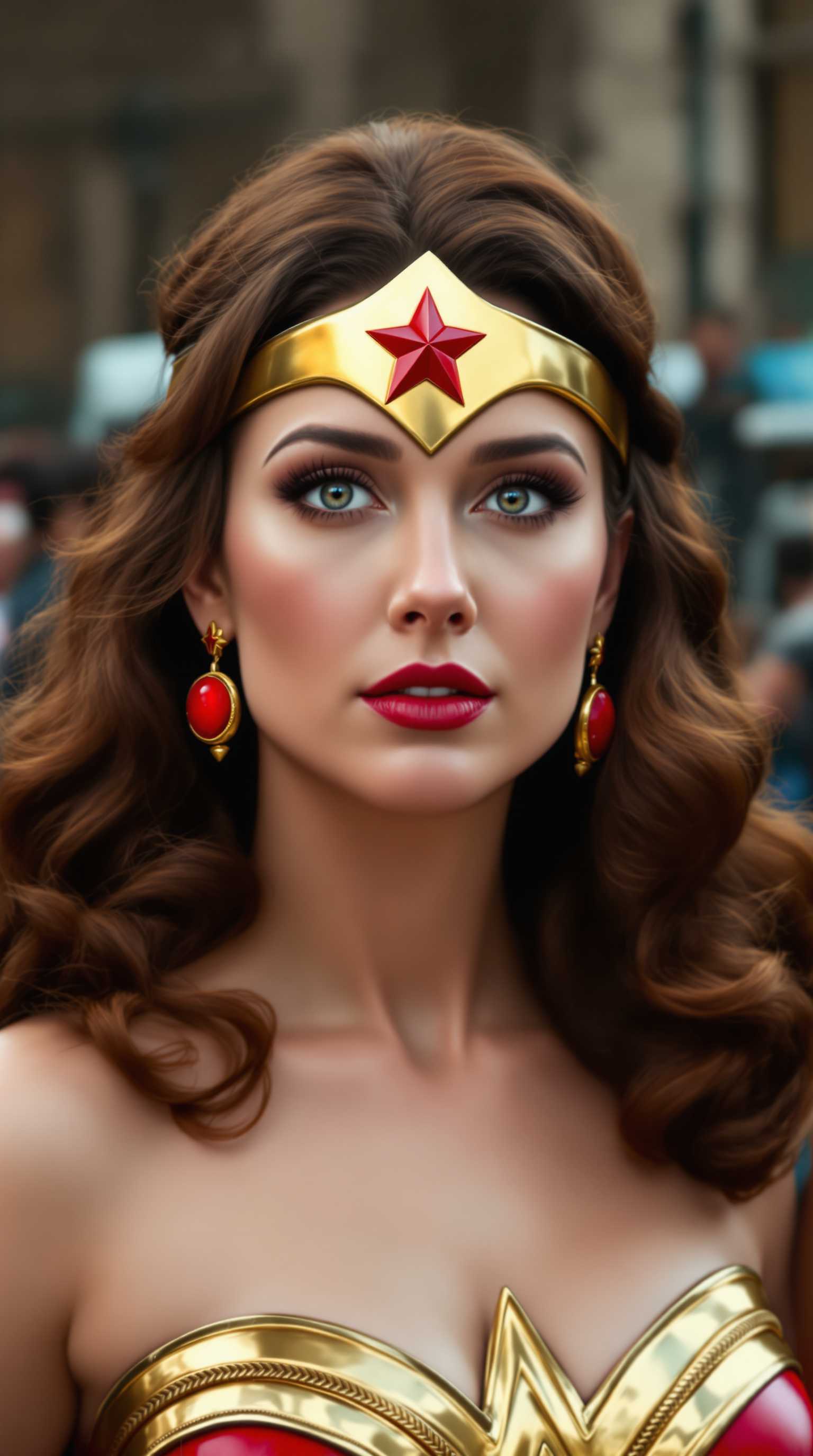 This image features a closeup of a persons upper torso, with a focus on the head and shoulders. The subject is wearing a costume that is reminiscent of Wonder Woman, with a golden tiara adorned with a red star at the center. The tiara has a smooth, metallic finish and the star is threedimensional, giving it a raised appearance against the tiara.The person is also wearing red earrings that match the red star on the tiara. The earrings are round and have a similar metallic finish to the tiara, with a red gemstone in the center that resembles a cherry.The hair of the subject is styled in waves and falls over the shoulders, with a rich, chestnut brown color. The hair appears to be wellgroomed and voluminous, suggesting a classic, perhaps 1970s, style.The background of the image is blurred, but it appears to be an outdoor setting with other people and what could be a vehicle, hinting at a public or crowded space. The colors in the background are muted, with earthy tones that contrast with the bright red of the costume.The art style of the image is reminiscent of a still from a film or television show, with a cinematic quality that is enhanced by the lighting and the focus on the subject. The medium could be a still from a movie or a television series, given the quality and composition of the image.Overall, the image is a vibrant and colorful depiction of a person dressed in a costume that is iconic and recognizable, with attention to detail in the costume design and the subjects hair. The background, while blurred, adds context to the setting and suggests a narrative beyond the stillness of the image.