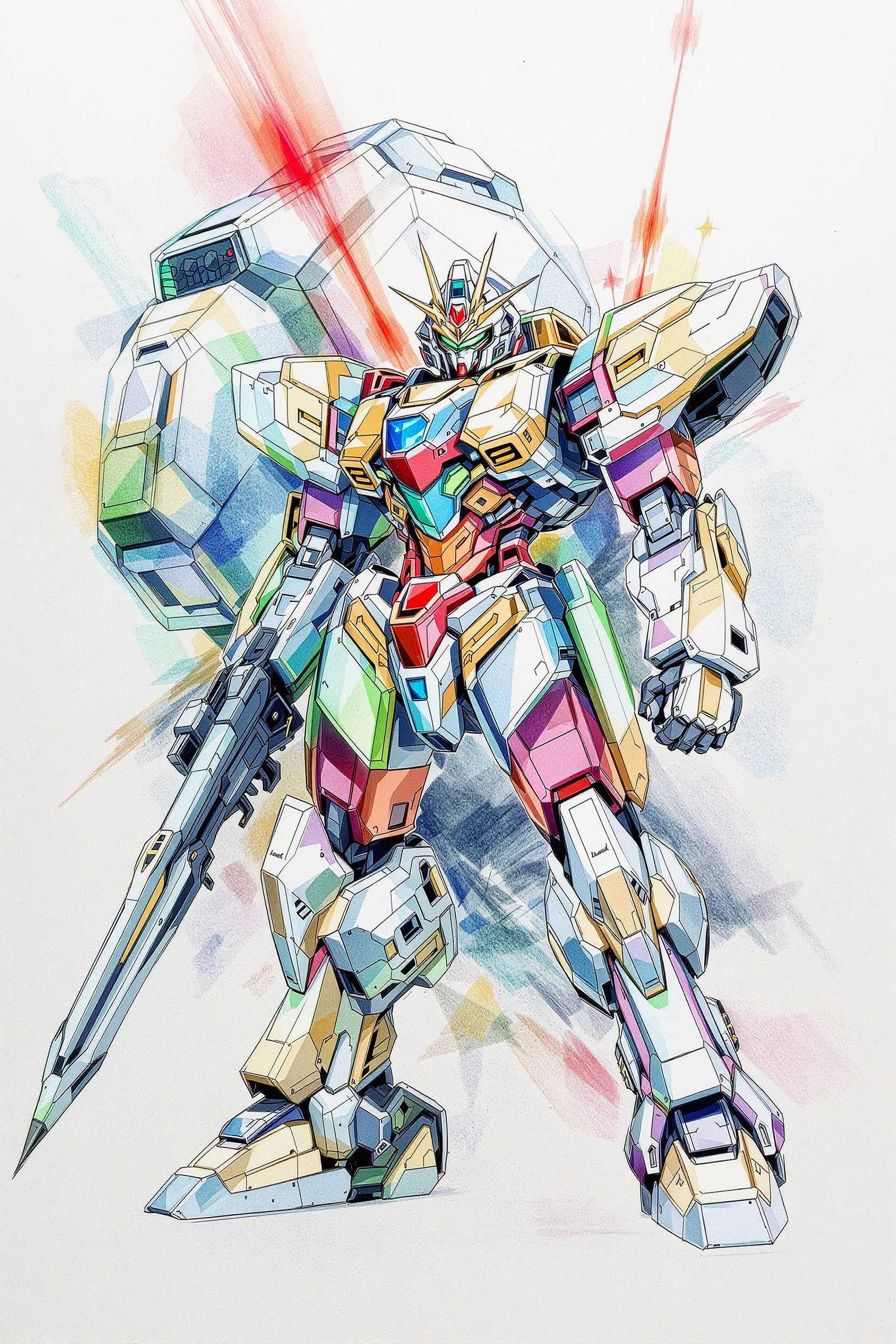 a color pencil drawing of a mecha warrior, in the style of detailed penciling, precision drawing, heavy shading, colorful drawings, hyperrealistic pencil drawings 