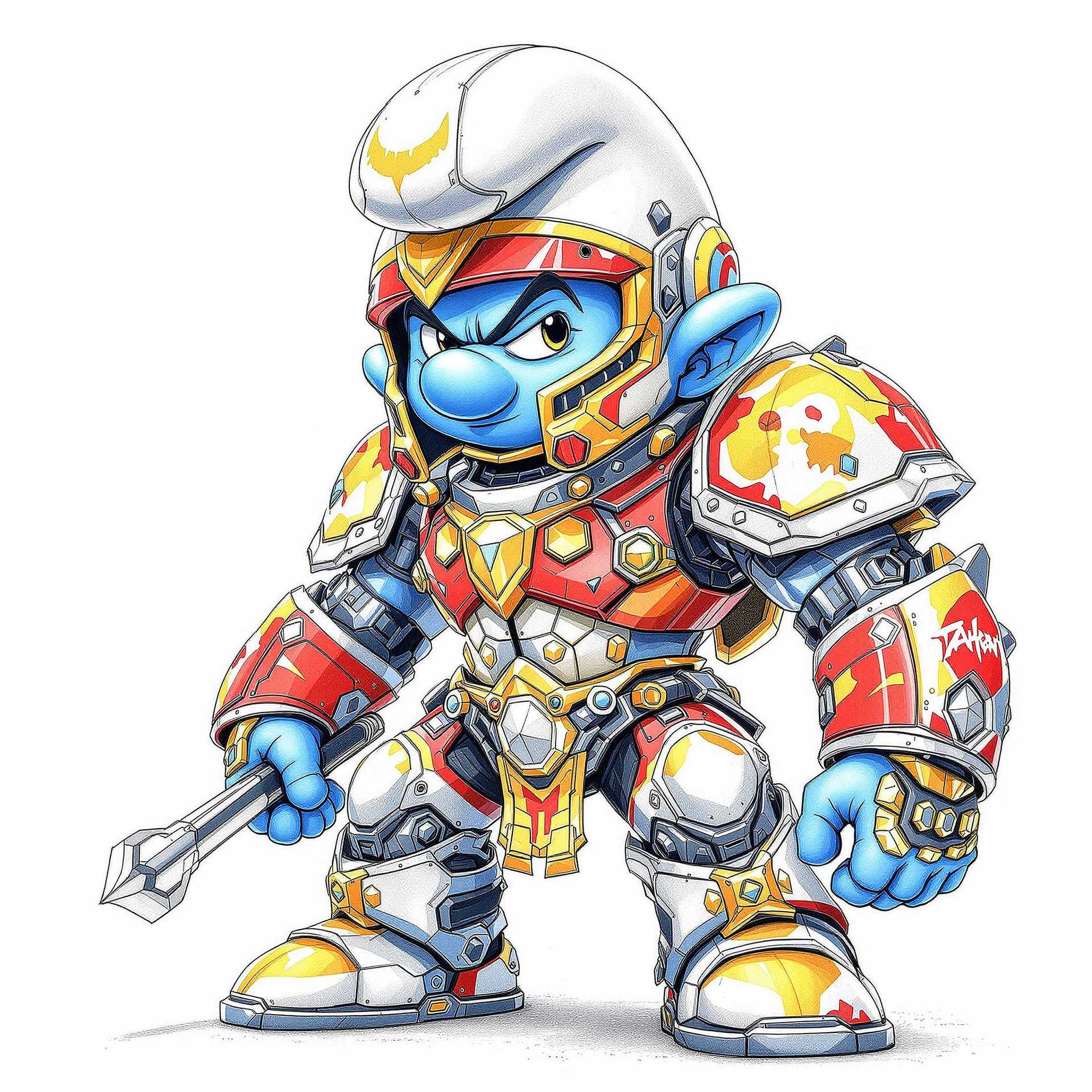 a color pencil drawing of the of a smurf as a mecha warrior, wearing full body matcha warrior armor, in the style of detailed penciling, precision drawing, heavy shading, colorful drawings, hyperrealistic pencil drawings