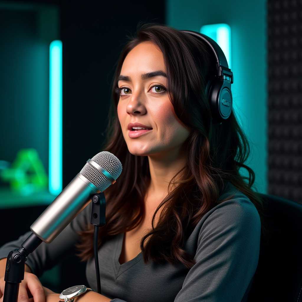 Create a dynamic portrait of an ALEMAP woman in her element as a podcaster. She sits confidently in front of a modern microphone, surrounded by a soundproofed studio environment. The room is filled with vibrant colors, emphasizing shades of teal and silver, with ambient backlighting creating a sleek and professional atmosphere. Capture the woman's focused expression and natural charisma as she speaks into the microphone, illustrating a sense of engagement and expertise. The composition should use a close-up angle to highlight her features and the intricate details of the studio equipment. Use a soft focus and shallow depth of field, blurring the background slightly for emphasis on her face. The mood is energetic and inspiring, perfect for a late afternoon or early evening setting, suggesting the passion of a dedicated content creator in action.