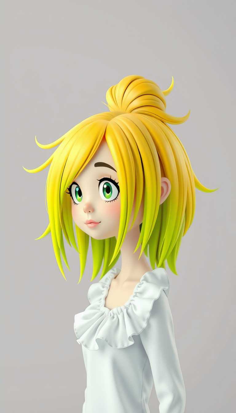 This image features a 3d cartoon girl with a striking hairstyle that is the focal point of the composition. The hair is a vivid neon yellow with a gradient effect that transitions into a lime green at the tips, giving it a dynamic and almost ethereal quality. The hair is styled in a messy bun at the top of the head, with strands playfully sticking out in various directions, adding to the overall sense of movement and energy.The subject is wearing a white garment with a ruffled collar and shoulder design. The ruffles are detailed and appear to be made of a sheer fabric, which adds a delicate and airy feel to the overall appearance. The white color of the garment contrasts sharply with the bright yellow of the hair, drawing attention to both elements.The background is a soft, muted gray that fades into a lighter tone at the edges, creating a sense of depth and focusing the viewers attention on the subject. The lighting in the image is soft and diffused, with no harsh shadows, which contributes to the overall serene and dreamlike quality of the photograph.The art style of the image is modern and possibly surreal, with a focus on bold color contrasts and a playful, whimsical approach to the subjects presentation. The medium appears to be digital photography, given the smooth gradations of color and the lack of texture that one might expect from a traditional medium like painting