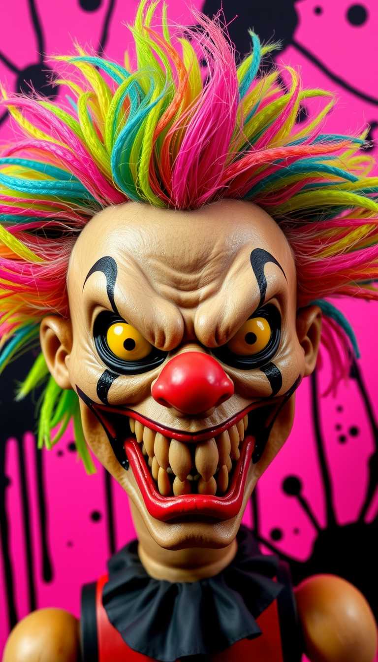 This image is a closeup of a wooden clown puppet with a highly stylized and exaggerated appearance. The character has a fierce expression, with wideopen eyes that are yellow with black pupils and sharp, pointed teeth bared in a snarl. The hair is a wild, neon green with streaks of pink and blue, and its styled in a messy, spiky fashion that adds to the aggressive demeanor.The use of bright, neon colors gives the image a vibrant and energetic feel, while the black and white accents add contrast and emphasize the characters features.The background is a solid pink with black inklike splatters and drips that give the impression of movement or chaos. This background complements the characters aggressive expression and adds to the overall edgy and intense atmosphere of the image.There are no objects in the image aside from the character and the background. The focus is entirely on the characters expression and the way they are presented, which is the central element of the artwork.