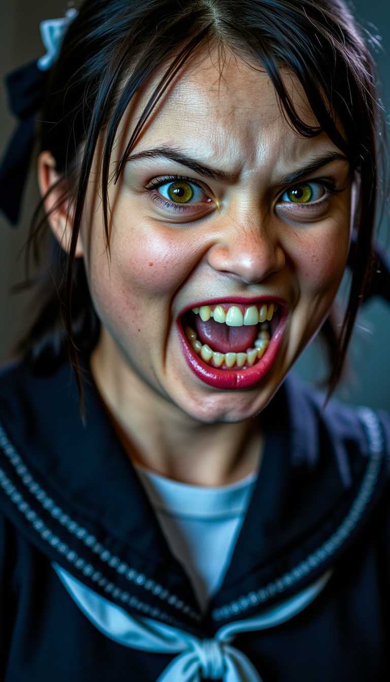 This film still is an actress dressed as a zombie japanese schoolgirl with a highly stylized and exaggerated appearance. The character has a fierce expression, with wideopen eyes that are yellow with black pupils and sharp, pointed teeth bared in a snarl. 