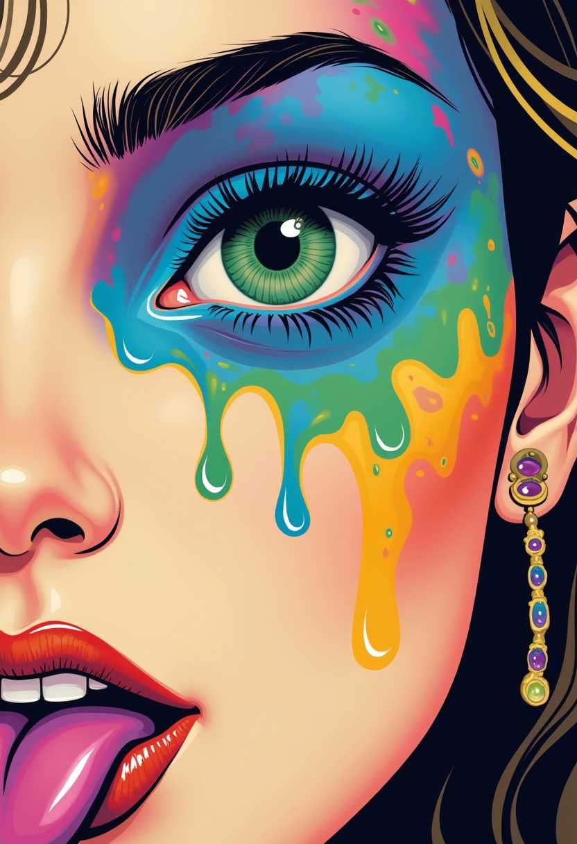 This is an image that features a closeup of a persons face, with a focus on the eye and the surrounding area. The art style is highly stylized and reminiscent of pop art, with a touch of surrealism. The medium appears to be digital, given the smooth gradients and lack of texture that are common in digital illustrations.The colors in the image are vibrant and bold, with a clear emphasis on the primary colors of the rainbow. The eye is a striking shade of blue with a green iris, and the sclera is a pale, almost translucent white. The eyelashes are long and dark, and the eyebrows are welldefined.The surrounding area of the face is filled with fluidlike shapes in a spectrum of colors, ranging from cool blues and greens to warm oranges and yellows. These shapes seem to be melting or dripping down the face, giving the impression of a liquid transformation. The transitions between the colors are smooth and seamless, creating a sense of fluidity and movement.The nose and mouth are also visible, with the nose appearing to be a bright orangered, and the mouth wide open in a gaping expression. The teeth are visible, and the tongue is a deep shade of purple, which contrasts sharply with the surrounding colors.
