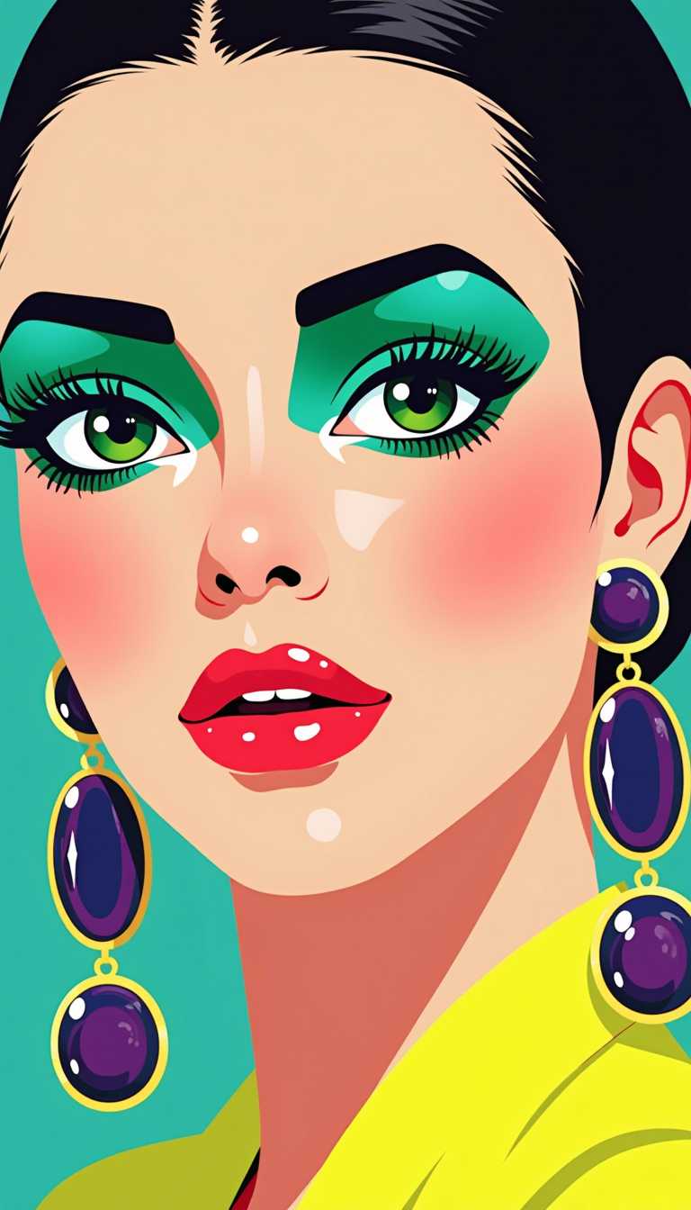 This is a digital illustration of a persons face. The art style is reminiscent of pop art with a touch of surrealism, characterized by its bold outlines, flat colors, and exaggerated features.The medium appears to be digital painting, as evidenced by the smooth blending of colors and the lack of texture that might be present in a traditional painting. The colors are vibrant and saturated, with a limited palette that emphasizes the contrast between the bright, almost neonlike colors and the more subdued skin tones.The eyes are the focal point of the image. They are a striking green with detailed iris patterns and reflective pupils. The eyelashes are long and dark, and the eyebrows are welldefined. The eyes are surrounded by a gradient of colors that transition from a deep blue at the top to a bright yellow at the bottom, giving the impression of melting paint.The ears are adorned with long, dangling earrings. The earrings have a circular design with a purple stone at the top, followed by a sequence of smaller stones in varying shades of purple and green, ending with a gold loop at the bottom. The cheeks are painted in a soft peach tone with blush on the cheekbones. 