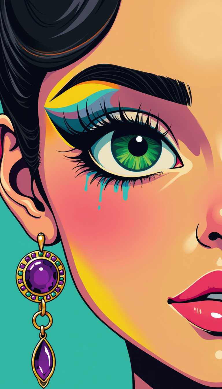 This is a digital illustration of a persons face. The art style is reminiscent of pop art with a touch of surrealism, characterized by its bold outlines, flat colors, and exaggerated features.The medium appears to be digital painting, as evidenced by the smooth blending of colors and the lack of texture that might be present in a traditional painting. The colors are vibrant and saturated, with a limited palette that emphasizes the contrast between the bright, almost neonlike colors and the more subdued skin tones.The eyes are the focal point of the image. They are a striking green with detailed iris patterns and reflective pupils. The eyelashes are long and dark, and the eyebrows are welldefined. The eyes are surrounded by a gradient of colors that transition from a deep blue at the top to a bright yellow at the bottom, giving the impression of melting paint.The ears are adorned with long, dangling earrings. The earrings have a circular design with a purple stone at the top, followed by a sequence of smaller stones in varying shades of purple and green, ending with a gold loop at the bottom. The cheeks are painted in a soft peach tone with blush on the cheekbones. 