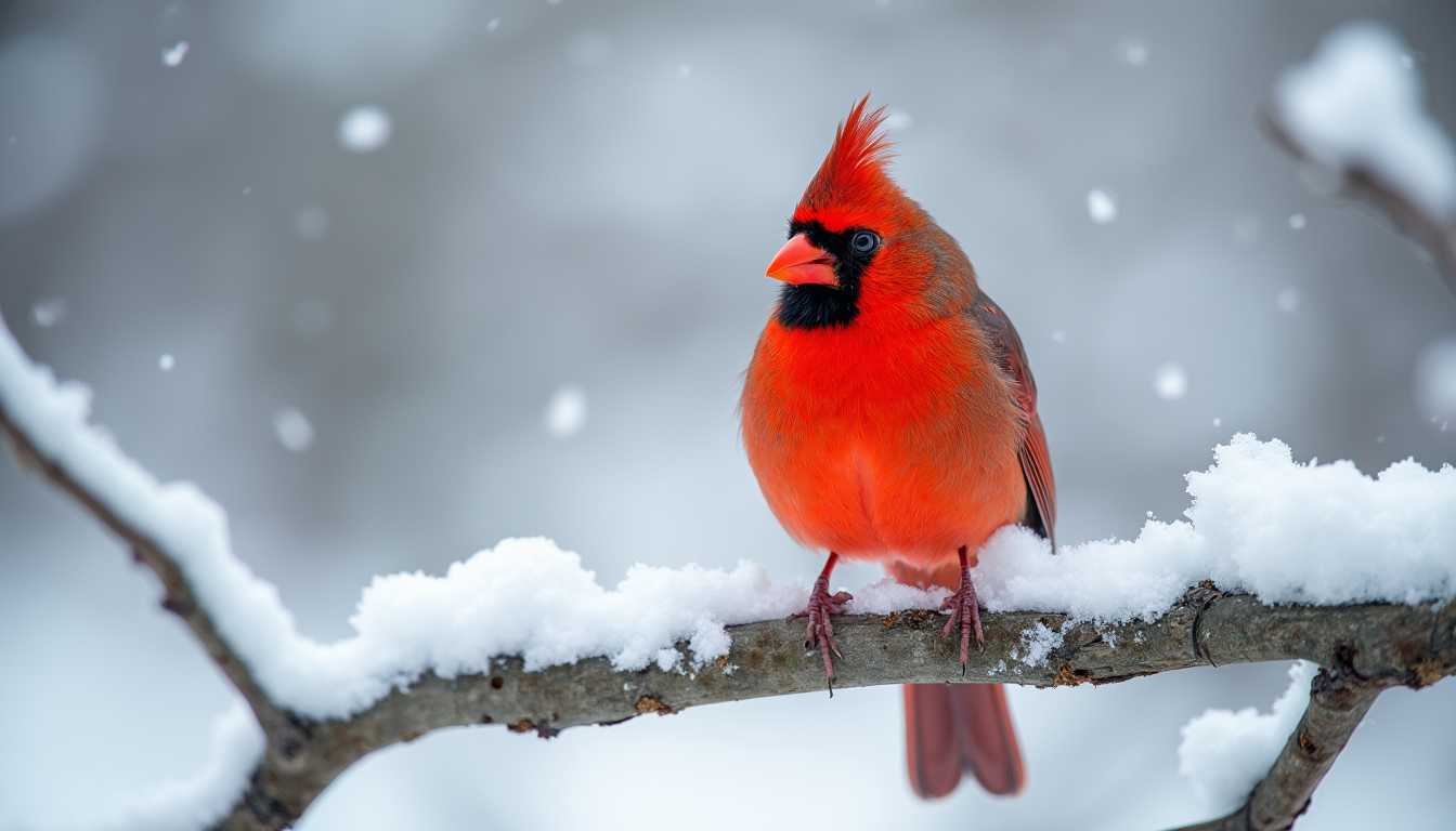 Red Cardinal Bird Perched on Snowy Branch