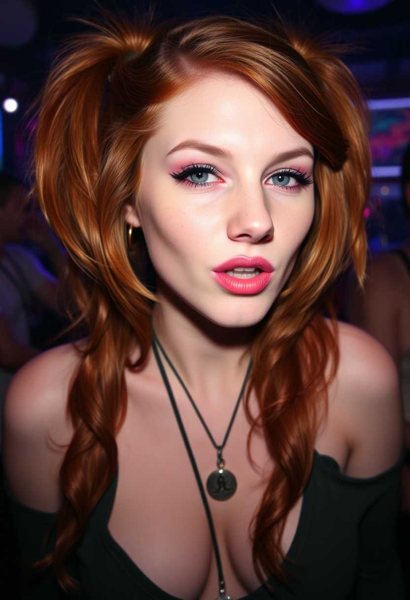 a photo of EmilyFlux, solo, long red hair,twintails,  lips, freckles, biting own lip, seductive, ponytail, lipstick, makeup, eyeliner, eyeshadow, beautiful detailed face, sexy woman, open shirt, no bra, night, night club background, blurry background
