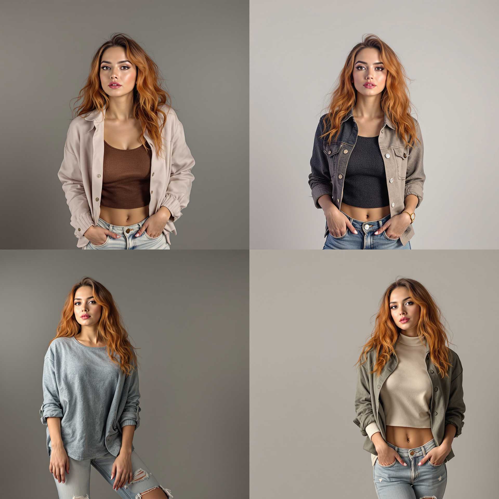 a 3 by 3 grid showing the same woman in different poses. The Latina woman is a model in her 30s, has orange hair, and is wearing different clothing in every photo set in a different background. photo realistic quality