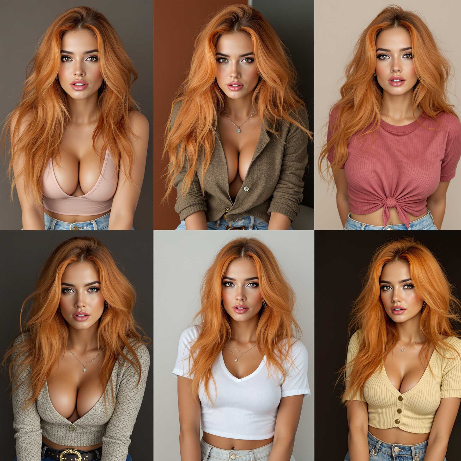 a 3 by 3 grid showing the same woman in different poses. The Latina woman is a model in her 30s, has orange hair, and is wearing different clothing in every photo set in a different background. photo realistic quality
