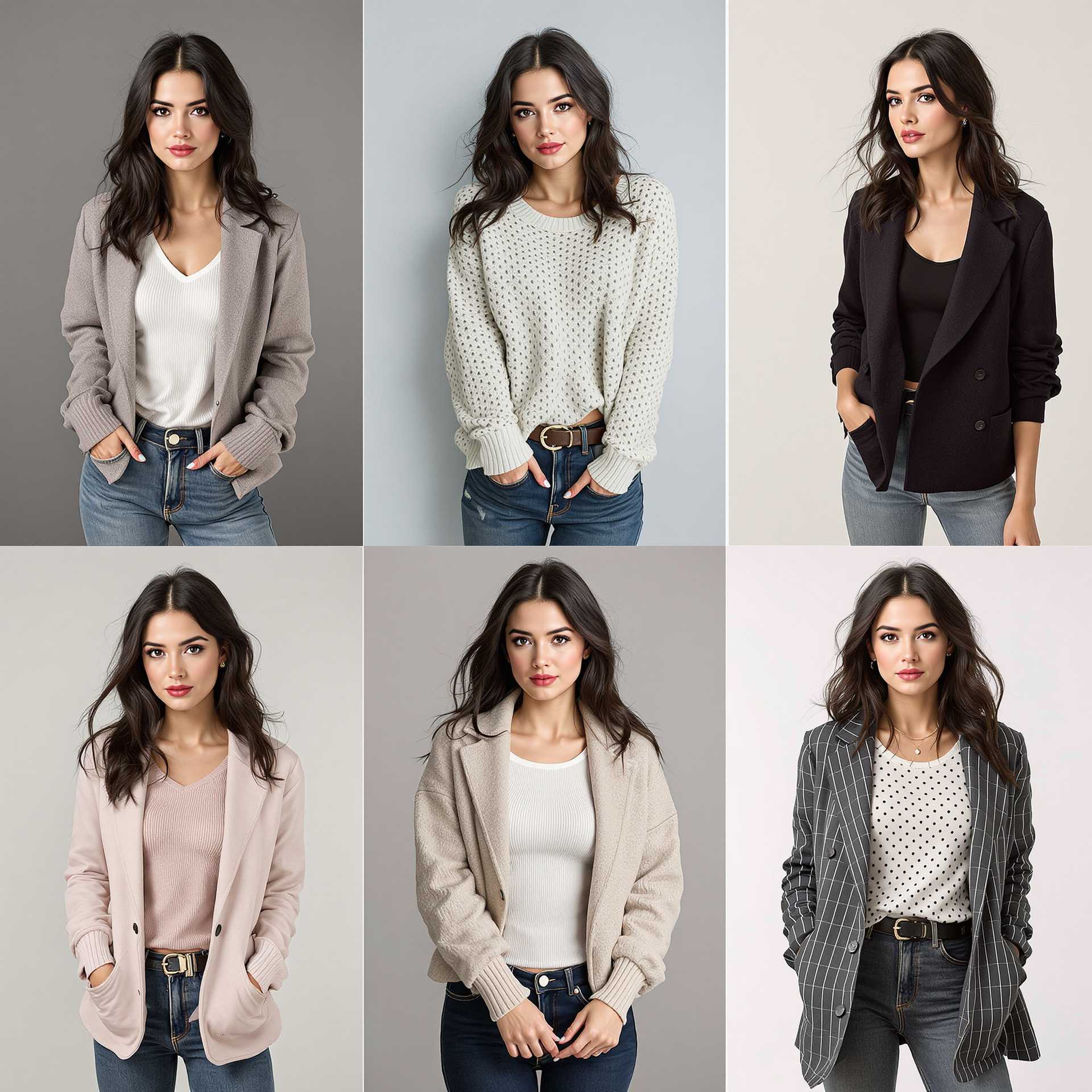 a 3 by 3 grid showing the same woman in different poses. The European woman is a model in her 30s, has dark hair, and is wearing different clothing in every photo set in a different background. photo realistic quality