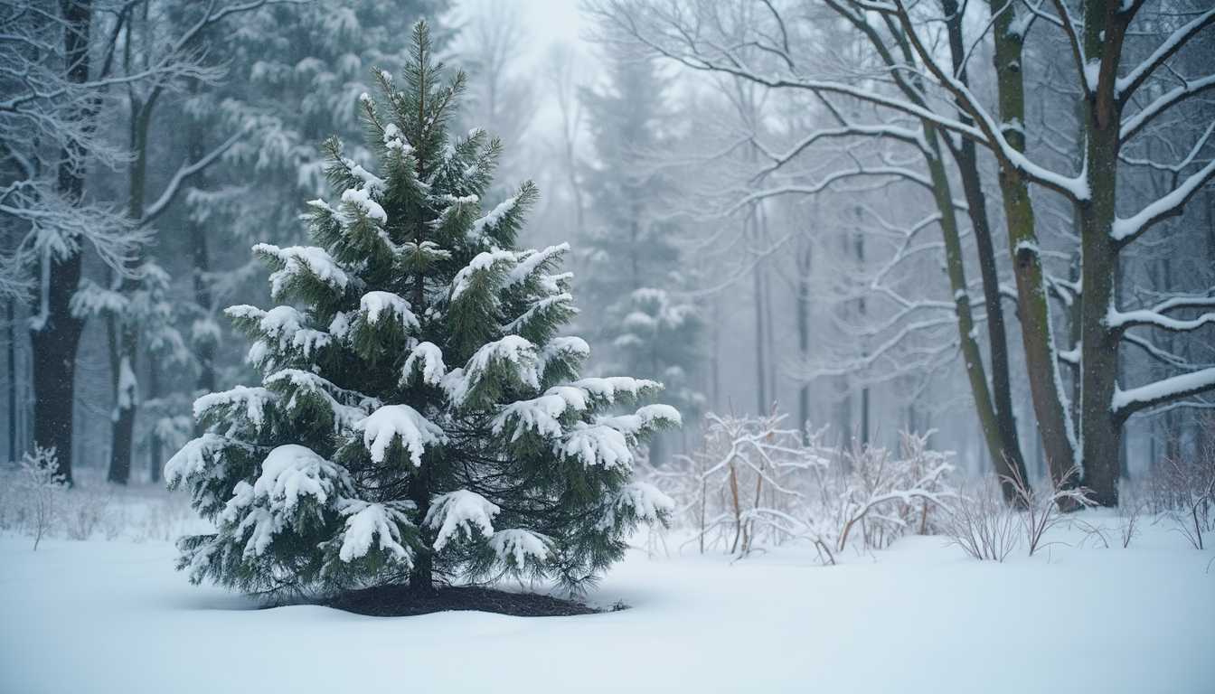camera long shot of a wooded back yard, a seven foot pine tree covered with the first heavy snowfall, the limbs slightly bend from the weight of the snow