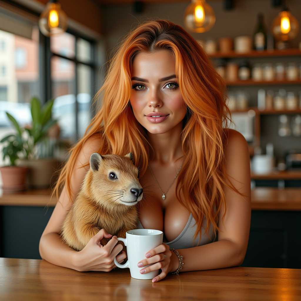 TOKONIAORANGEHAIR woman, in  a cafe, holding a capybara