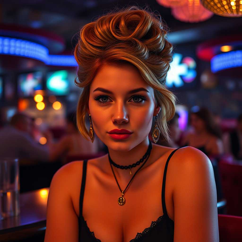 Stylish Woman with Red Hair and Choker Necklace in a Bar Setting