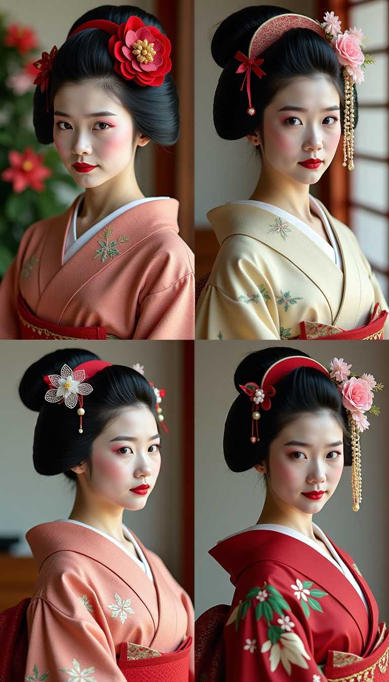 This image is a composite of four photographs arranged in a square grid. Each photograph is taken from a different angle and depicts the same young japanese geisha woman with different clothes and hairstyles. Xmas theme