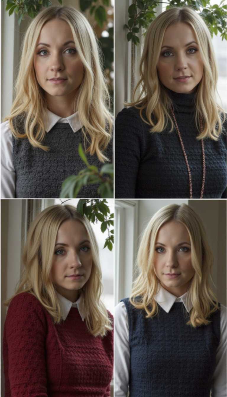 This image is a composite of four photographs arranged in a square grid. Each photograph is taken from a different angle and depicts the same young blonde goth emo swedish woman with different clothes and hairstyles. Xmas theme