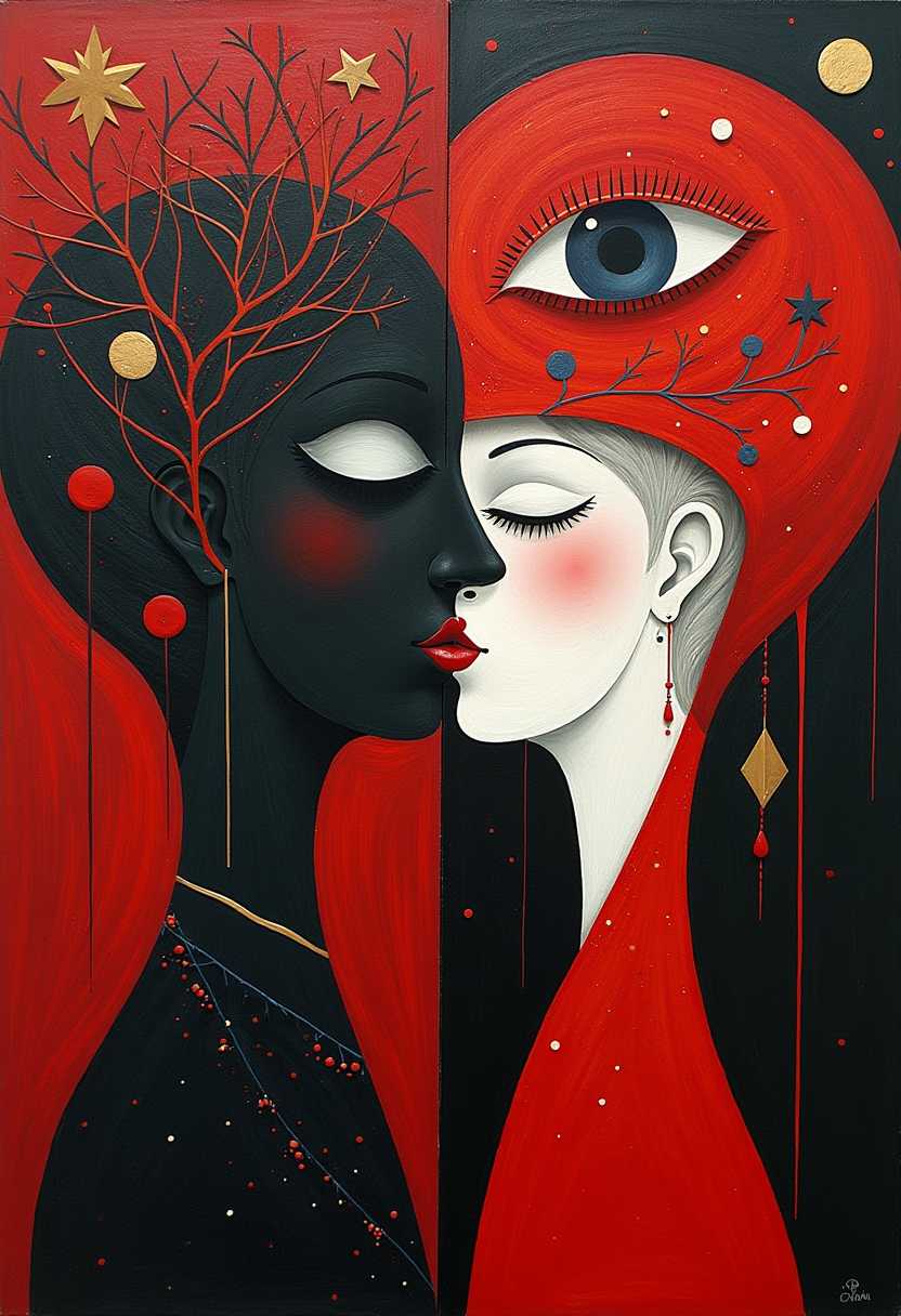 i am the dreamer and you are the dream, a russian cubist surreal painting in red, white and black