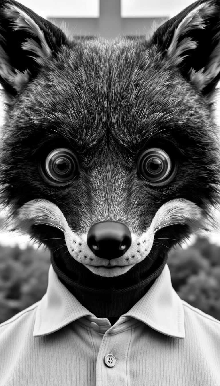 This image is a black and white photograph that features a closeup of a figure wearing a mask. The mask is animalistic in appearance, resembling a fox or a raccoon, with a fur texture that gives it a realistic look. The mask covers the entire head, with the exception of the eyes, which are left exposed.The eyes of the mask are particularly striking they are large, round, and feature concentric circles, giving them a hypnotic and somewhat unsettling appearance. The circles are white with a black border, and they are the only part of the mask that is not in grayscale, creating a stark contrast with the rest of the image.The figure is wearing a lightcolored, collared shirt, which is visible at the bottom of the image. The shirt has a ribbed texture, suggesting a knit or woven fabric. The collar is neatly folded, and the shirt appears to be buttoned up.In the background, there is a faint cross structure that is difficult to discern due to the monochromatic tone of the photograph. The cross is vertical, with a horizontal bar across the top, and it is set against a nondescript, cloudy sky.The overall art style of the image is surreal and somewhat eerie, due to the unexpected combination of a human figure wearing an animal mask and the stark, monochromatic color scheme. The medium appears to be photography, given the clarity and detail of the image. The photograph has a grainy texture, which could suggest it was taken with a highISO setting or a camera with a low resolution sensor.