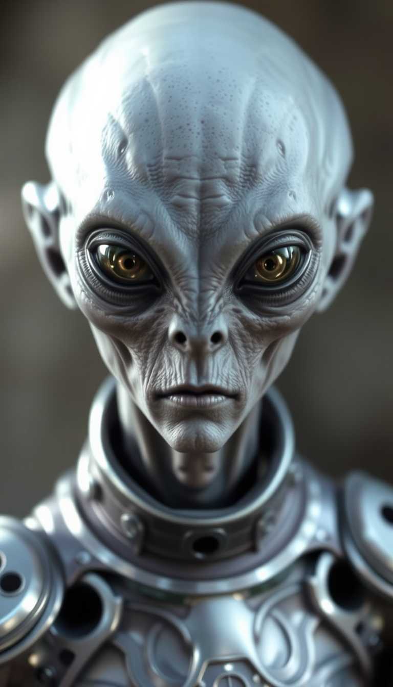 gray alien face portrait, silver suit