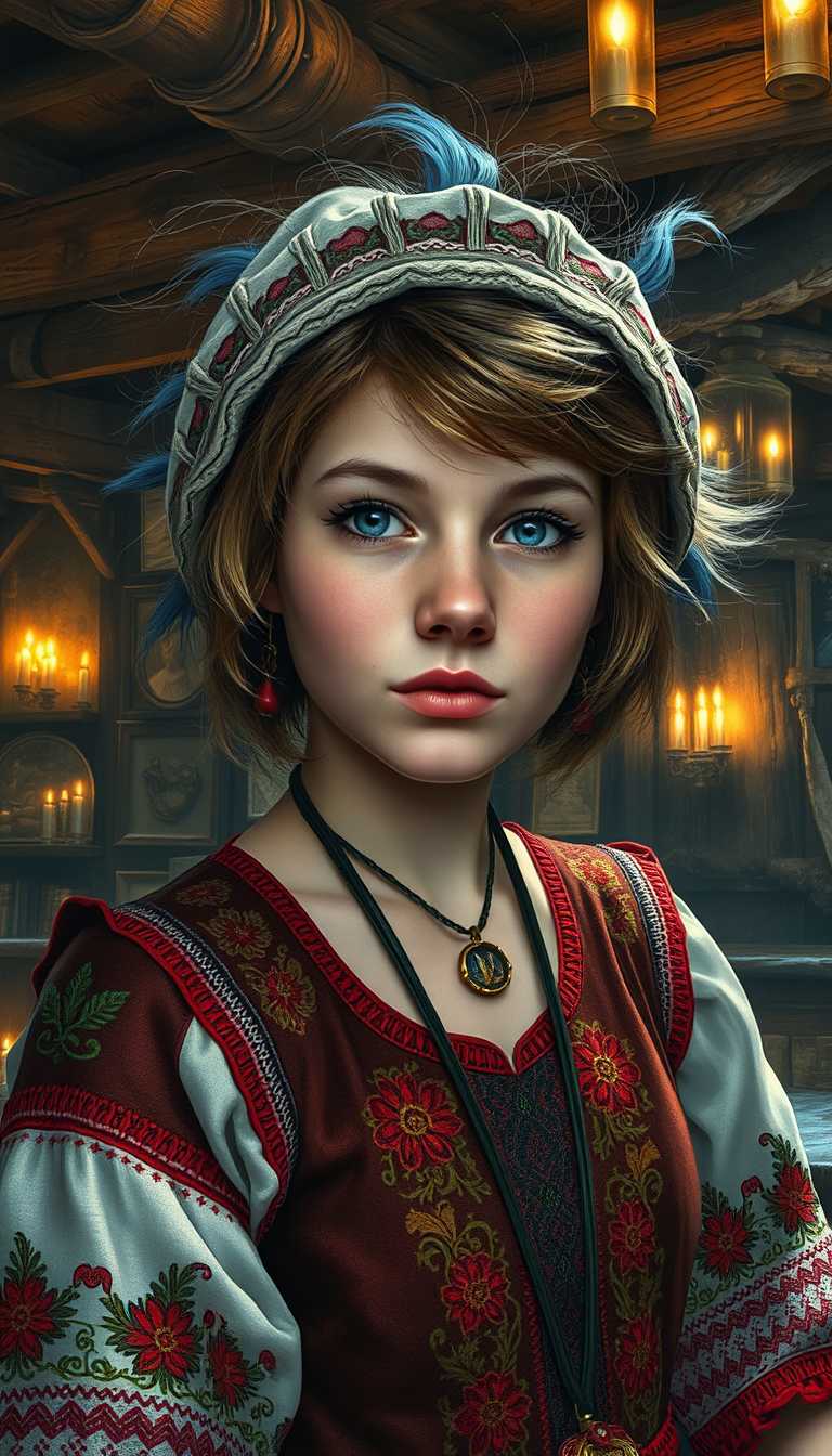 A hyper-detailed portrait of EmilyFlux, depicting a young girl with pronounced feminine features. She wears a traditional Ukrainian folk dress, intricately embroidered, surrounded by the rich textures and patterns characteristic of her culture. Her bonnet frames her face, with messy, scattered blue hair poking out, adding a whimsical touch to her appearance. The setting is a richly adorned medieval tavern interior, capturing the complexity and warmth typical of such an environment, with rustic wooden beams and soft, glowing candlelight casting delicate shadows. The scene is captured with a focus on intricate details, emphasizing the fabric of her dress, the texture of her hair, and the ambient atmosphere, all in the distinctive artistic style of Greg Fredericks. The image harmoniously blends the historical with the fantastical, creating a vivid, cohesive portrait.