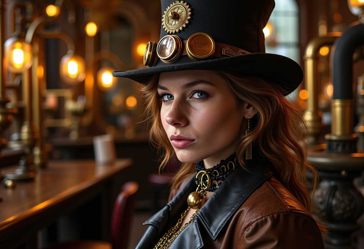  A stunning photo of EmilyFlux a realistic high resolution photograph of a Steampunk woman in a steampunk setting, heavy victorian overtones, lots of shiny brass, brass gears, brass pipes, steam, leather, dark wood, wood grain, leather grain, high contrast, HDR,
