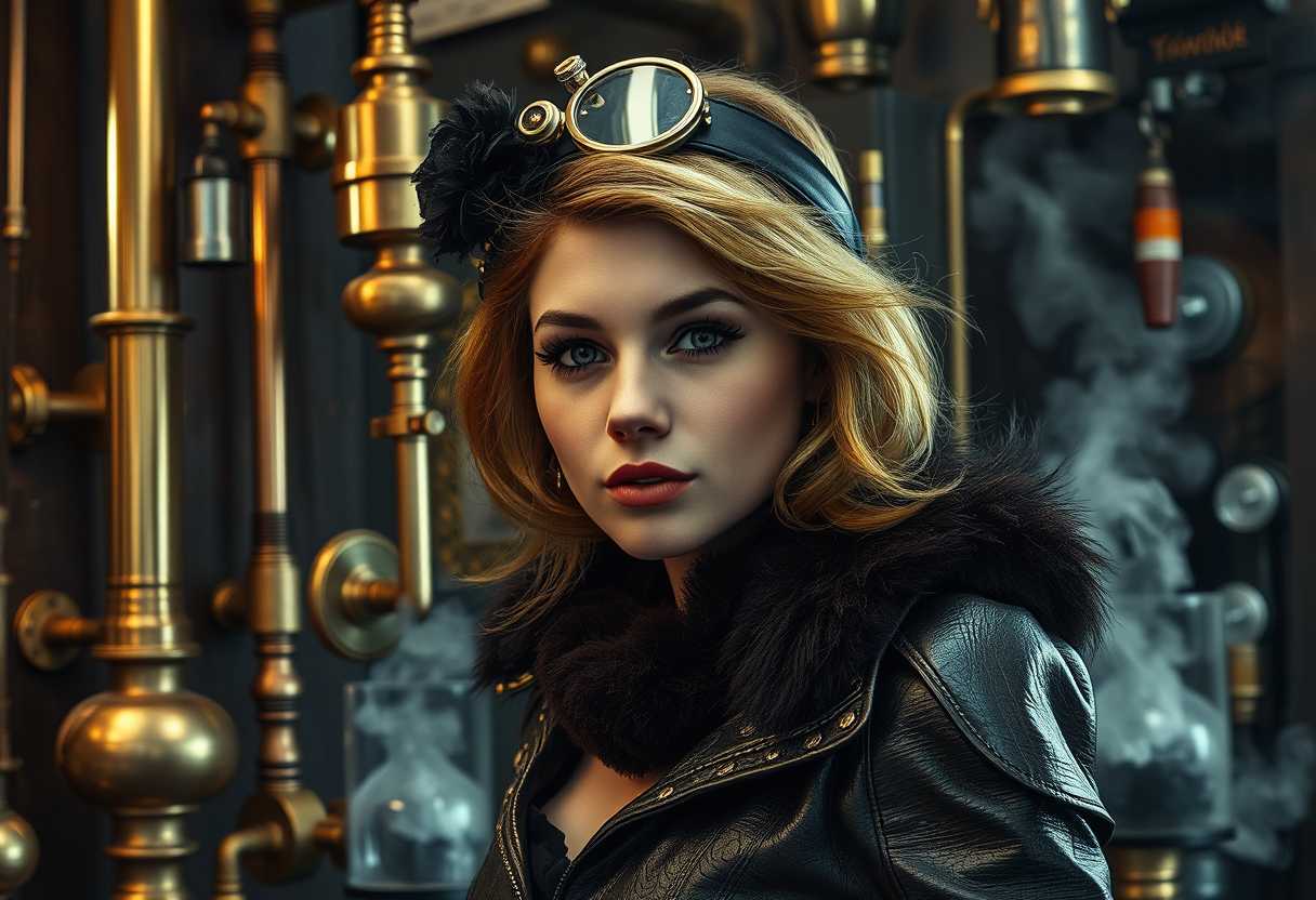  A stunning photo of EmilyFlux a realistic high resolution photograph of a Steampunk woman in a steampunk setting, heavy victorian overtones, lots of shiny brass, brass gears, brass pipes, steam, leather, dark wood, wood grain, leather grain, high contrast, HDR,

