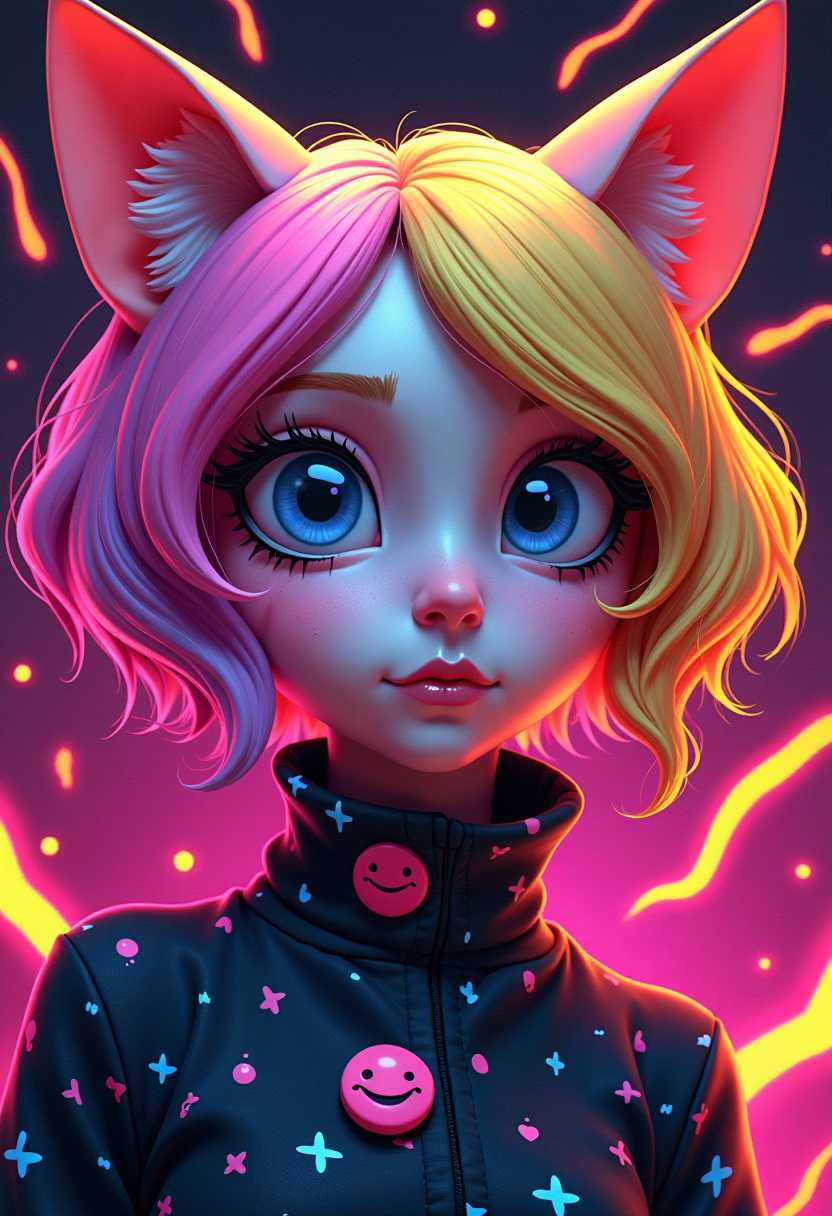 Claymation. This image is a closeup portrait of a character with a distinct and stylized appearance. The art style is reminiscent of pop surrealism, with a focus on exaggerated features and a vibrant, neon color palette that gives the piece a lively and almost electric feel.The colors in the image are bright and saturated, with a predominance of neon pinks, yellows, blues, and purples. These colors are used to create a sense of depth and dimension, with the lighter colors on the characters face and hair contrasting against the darker, more saturated colors of the clothing and background.The character has prominent catlike ears, which are a common feature in pop surrealism and suggest a fantasy or mythical element to the character. The hair is styled in a short, curly fashion, with a gradient of neon colors that gives it a dynamic and almost liquid appearance. The hairs texture is smooth and lacks any visible brush strokes, which supports the digital painting medium.The character is wearing a highnecked, black garment with a pattern that resembles a starry night sky or a galaxy. The pattern is composed of small, irregular shapes in various shades of blue and pink, which stand out against the black background. There are two buttons on the front of the garment, one with a smiling face and the other with a cross, which add a playful and whimsical touch to the otherwise dark and mysterious outfit.The background is a chaotic mix of neon pink and yellow streaks and dots, which give the impression of a vibrant, energetic atmosphere. The streaks and dots are irregular in shape and size, and they overlap each other in a seemingly random fashion, contributing to the overall sense of movement and dynamism in the image.