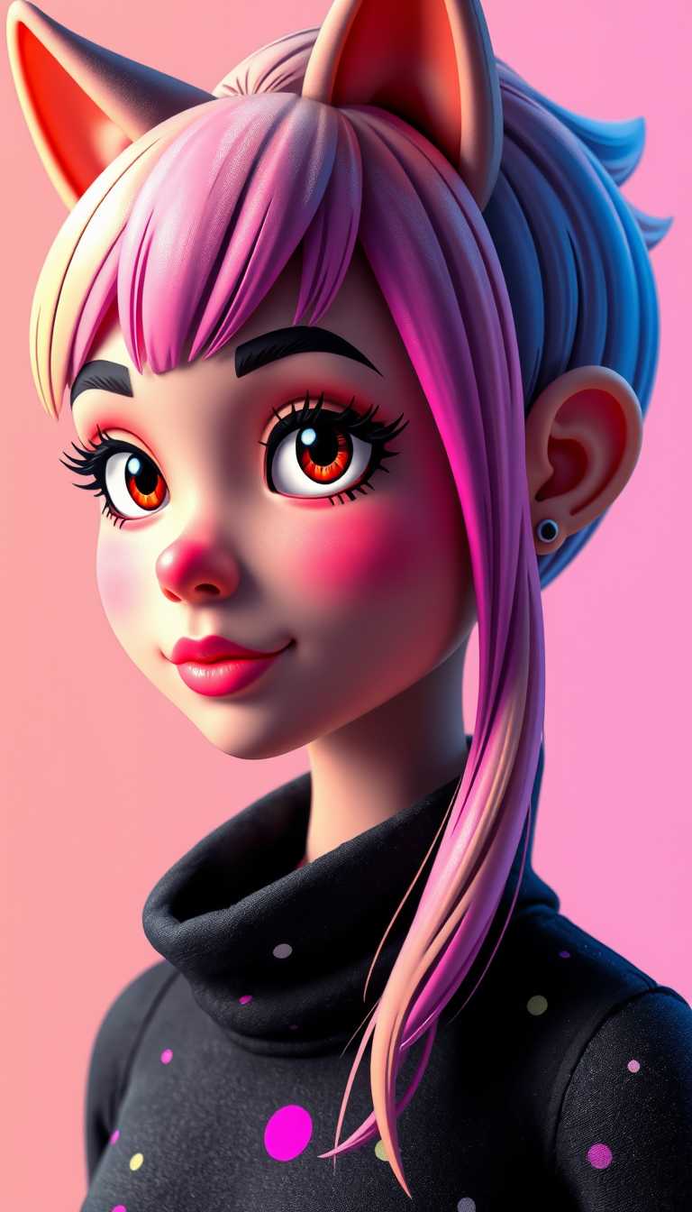 Claymation. This image is a closeup portrait of a character with a distinct and stylized appearance. The art style is reminiscent of pop surrealism, with a focus on exaggerated features and a vibrant, neon color palette that gives the piece a lively and almost electric feel.The colors in the image are bright and saturated, with a predominance of neon pinks, yellows, blues, and purples. These colors are used to create a sense of depth and dimension, with the lighter colors on the characters face and hair contrasting against the darker, more saturated colors of the clothing and background.The character has prominent catlike ears, which are a common feature in pop surrealism and suggest a fantasy or mythical element to the character. The hair is styled in a short, curly fashion, with a gradient of neon colors that gives it a dynamic and almost liquid appearance. The hairs texture is smooth and lacks any visible brush strokes, which supports the digital painting medium.The character is wearing a highnecked, black garment with a pattern that resembles a starry night sky or a galaxy. The pattern is composed of small, irregular shapes in various shades of blue and pink, which stand out against the black background. There are two buttons on the front of the garment, one with a smiling face and the other with a cross, which add a playful and whimsical touch to the otherwise dark and mysterious outfit.The background is a chaotic mix of neon pink and yellow streaks and dots, which give the impression of a vibrant, energetic atmosphere. The streaks and dots are irregular in shape and size, and they overlap each other in a seemingly random fashion, contributing to the overall sense of movement and dynamism in the image.