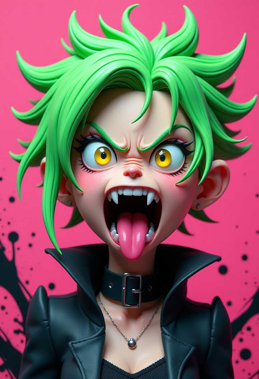 Angry Cartoon Character with Green Hair and Tongue