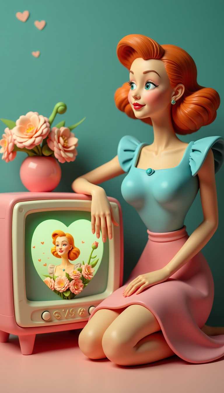 Claymation representation of a vintage scene. The art style is reminiscent of mid20th century pinup photography, with a focus on glamour, curves, and a nostalgic Americana. The colors in the image are rich and warm, with a predominance of pinks, oranges, and creams. These colors are set against a cool teal background, which creates a striking contrast and adds to the vintage ambiance. The lighting in the scene is soft and diffused, with a gentle glow emanating from the television screen and the flowers, which adds to the dreamy quality of the image.The objects in the image are carefully chosen to evoke a sense of the past. The central figure is a woman with a classic 1950s hairstyle, wearing a pastel blue top with a ruffled shoulder and a pink skirt. Her pose is relaxed yet poised, with one hand on the television and the other gently touching the flowers, suggesting a moment of leisure and appreciation of beauty.The television itself is a focal point, with a screen displaying a heartshaped image of a woman amidst a bouquet of flowers