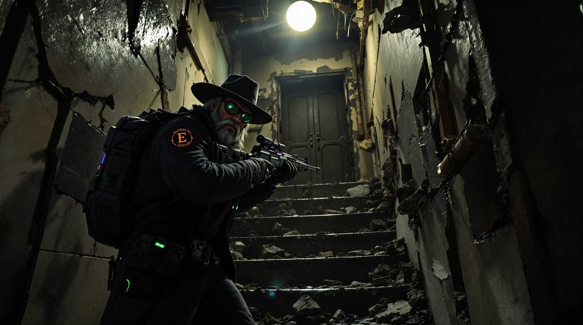 Scene Description:

SteffN steps cautiously into the dark, dilapidated interior of the abandoned building, the heavy iron door creaking closed behind him with a resounding thud. He’s now inside a narrow, crumbling staircase, surrounded by debris and the eerie silence of the forgotten structure. Broken concrete, shattered glass, and remnants of old equipment litter the floor, casting long, jagged shadows in the dim light. The faint hum of a flickering light ball overhead sputters weakly, casting an intermittent glow that only adds to the sense of foreboding in the air. The once-sterile, utilitarian environment of the staircase is now overtaken by decay and disrepair, each step feeling like a reminder of the world’s collapse.

Foreground:
SteffN remains still, his rifle aimed up the staircase, eyes scanning the shadows as he listens for any sound, any sign of movement. His piercing, heterochromatic eyes—one green, one blue—glow faintly beneath his smoke-tinted AR sunglasses, narrowed in focus. His wide-brimmed, coal-black cowboy hat shields his face from the flickering light above, while his long grey hair, streaked with white, flows past his shoulders, the 3-week-old grey beard with white stripes giving him a rugged, battle-hardened appearance.

He wears his high-tech, coal-black winter coat with the collar turned up against the chill, resembling a sci-fi military pilot jacket, glowing LED indicators pulsing faintly along its seams. The patches on his arms—‘The Enclave’ in red on one and black stars circling an ‘E’ on the other—mark him as someone not easily deterred. His dark grey military survival trousers and black sci-fi military boots are dusted with grime from the journey, yet they provide the stability needed to keep him grounded amidst the chaos. A ‘Brotherhood of Steel’ survival backpack is slung over his shoulder, showing signs of wear, a testament to his many travels through this post-apocalyptic world.

His rifle, with its alien-metal frame, rests securely in his hands, the LED lights on its body flickering erratically as the remnants of the ruined city strain against the approaching storm. SteffN is on high alert, his gaze fixed on the top of the staircase where he expects danger to emerge. The dim light from the flickering ball above is barely enough to illuminate the staircase’s upper levels, casting unsettling shadows in every corner.

Background:
The staircase is eerily quiet, with only the sound of distant thunder and the steady drip of rain outside breaking the silence. The remnants of the building show signs of heavy damage, its once-sturdy walls now cracked and crumbling from years of neglect. The dust in the air hangs thick, disturbed only by the movement of SteffN and his huskie, who trots quietly beside him, its glowing collar faintly pulsing with light. The huskie’s heterochromatic eyes—blue in one and green in the other—reflect the faint glow of the staircase’s flickering light as it stays alert, ears pricked and nose twitching at every sound.

The staircase leads upward, the path to safety, though it is filled with danger. Alien critters lurk in the shadows, their glowing eyes peering out from cracks in the walls and broken doors. They move only when the sun has set, too wary of the light to risk being seen. The space feels suffocating, as though the walls themselves are closing in, and SteffN knows they must keep moving, must find higher ground if they are to survive the night.

The light above flickers again, casting a brief flash of brilliance across the staircase, revealing more debris scattered about—broken chairs, overturned crates, discarded supplies that seem to tell the story of those who tried to survive here before. But there are no humans left in sight, only SteffN, his huskie, and the ever-present threat of the alien creatures.

The storm outside grows louder, the wind howling as it picks up, rattling the broken windows of the building. SteffN takes a deep breath, steadying himself for what lies ahead. This is a world on the brink of chaos, and he and his huskie are its only witnesses, moving through the ruins in search of safety, aware that danger could strike at any moment.
