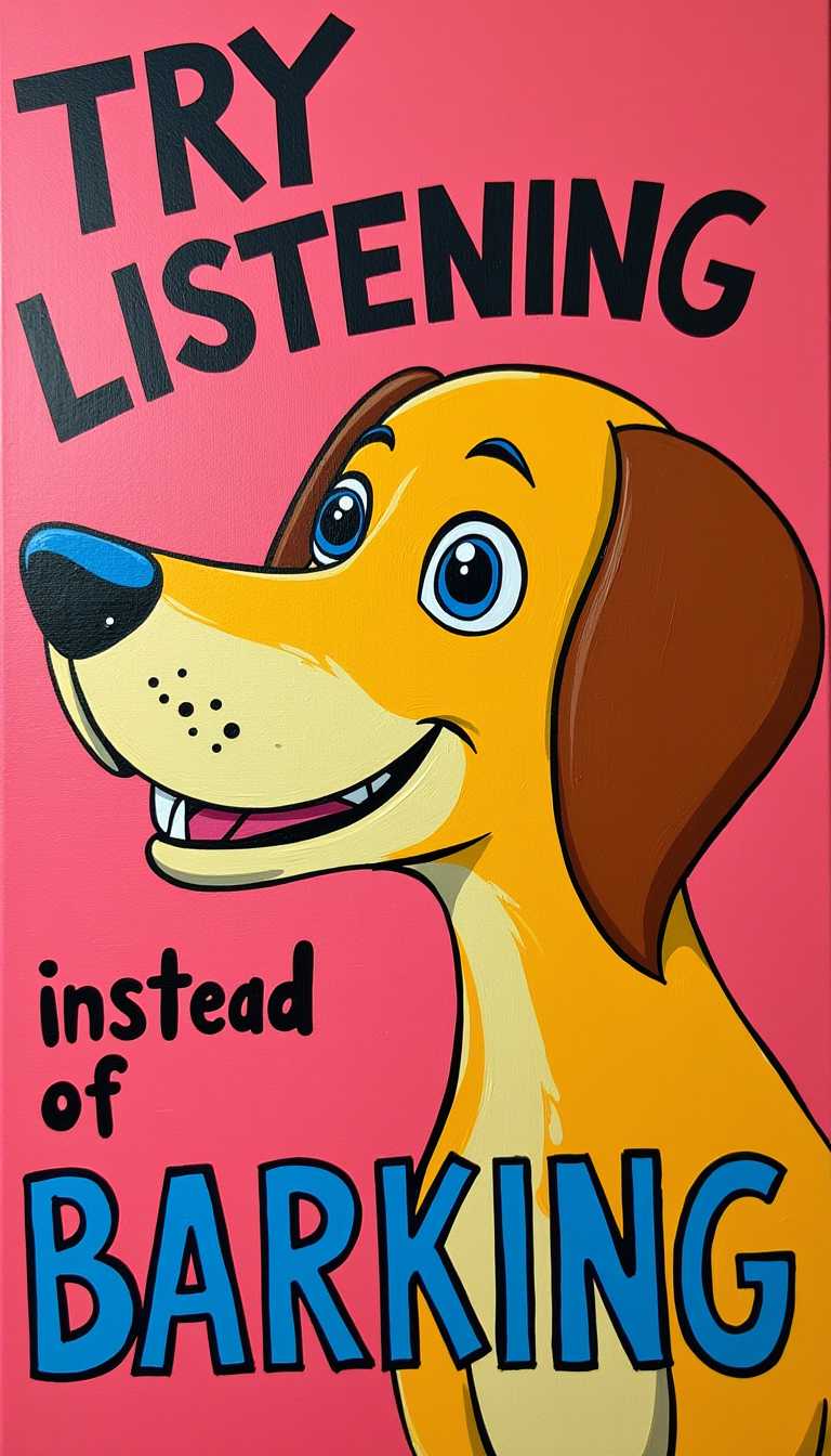 This image is a colorful and whimsical painting that features a stylized dog as its central figure. The dog is depicted in profile view, with its head turned slightly to the right, giving the impression that it is looking at the viewer. The dogs ears are floppy and droop down, and its eyes are large and expressive, with a hint of a smile. The dogs nose is prominent and is colored in a shade of blue, which stands out against the warm tones of the rest of the painting.The painting is executed in a pop art style, with bold outlines and bright, contrasting colors. The background is a warm pink, and the text is in a playful font with a mix of uppercase and lowercase letters. The text reads TRY LISTENING instead of BARKING, which is a humorous take on the idea of active listening.The medium appears to be acrylic paint, given the texture and sheen of the paint. The brushstrokes are visible, adding to the playful and informal feel of the artwork. 
