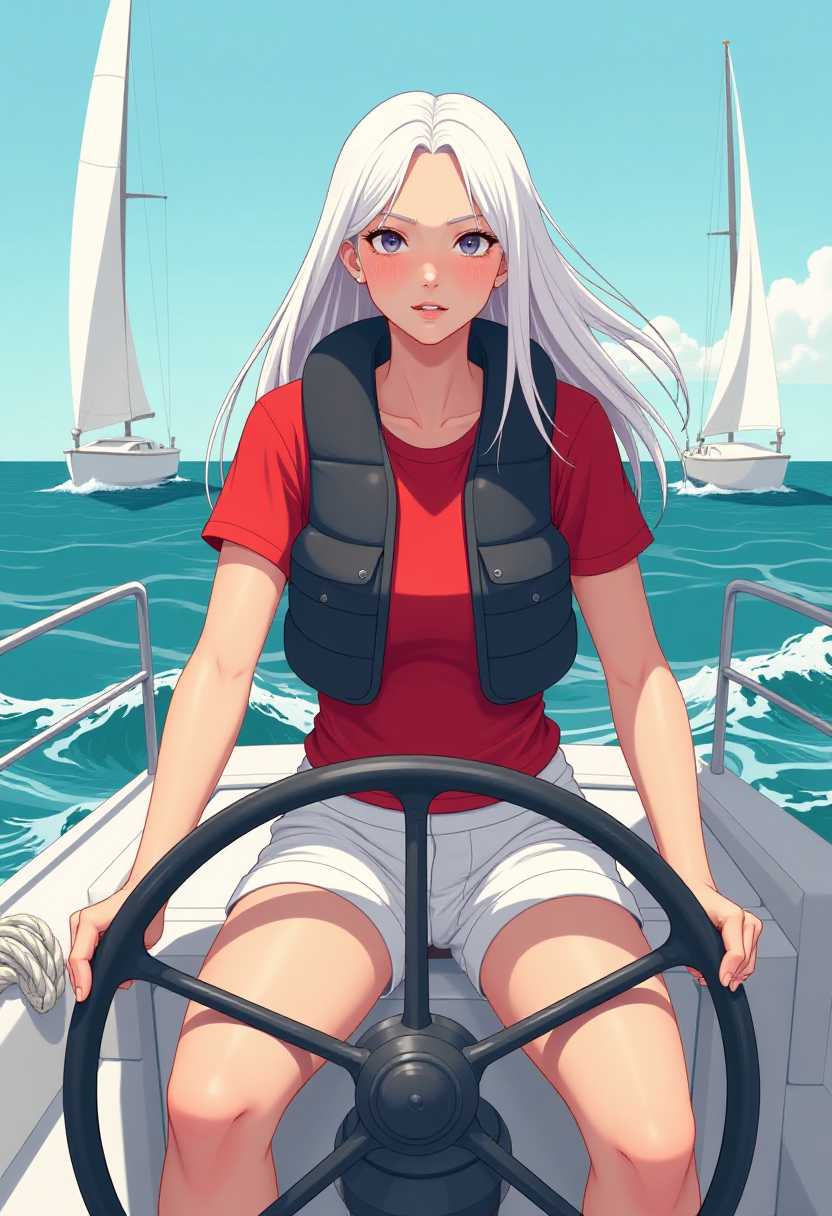 Certainly, here is a detailed description of the visual elements present in this image1. Character The central figure is a woman with long, straight white hair, wearing a red Tshirt with a black vest over it, and white shorts. She is donning a black and gray life vest, and her hands are on the steering wheel of a boat.2. Steering Wheel The steering wheel is a prominent feature, with a black hub and spokes, and a gray rim. It is situated in front of the character, indicating she is the one steering the boat.3. Boat The boat itself is not fully visible, but we can infer it is a sailboat given the presence of the sails in the background. The boats deck is white, and there is a coiled rope on the left side.4. Sails In the background, there are two sails that appear to be billowing in the wind, suggesting the boat is moving through the water.5. Water The water is depicted in shades of blue, with white caps indicating waves or the boats wake. The water is calm, with no visible signs of rough seas.6. Sky The sky is a clear, light blue, with no clouds, suggesting a sunny day.7. Color Palette The color palette is bright and vivid, with a predominance of blues, reds, and whites, which gives the image a summery, energetic feel.8. Lighting The lighting is natural, with the sun casting a soft shadow on the deck, and the sails catching the sunlight, which adds depth and dimension to the scene.9. Composition The composition is balanced, with the character centrally placed, and the steering wheel and sails positioned symmetrically on either side, creating a sense of harmony.10. Background The background is minimalistic, focusing on the water and the horizon, which directs the viewers attention to the central figure and the activity at hand.11. Illustration Style The illustration style is digital, with a comic book influence, evident in the bold outlines, flat colors, and the exaggerated proportions of the character.12. Textures There are several textures present, such as the roughness of the steering wheel, the smoothness of the water, and the coiled rope, which add tactile sensation to the image.These visual elements come together to create a dynamic and engaging scene that captures the essence of a leisurely day on the water.