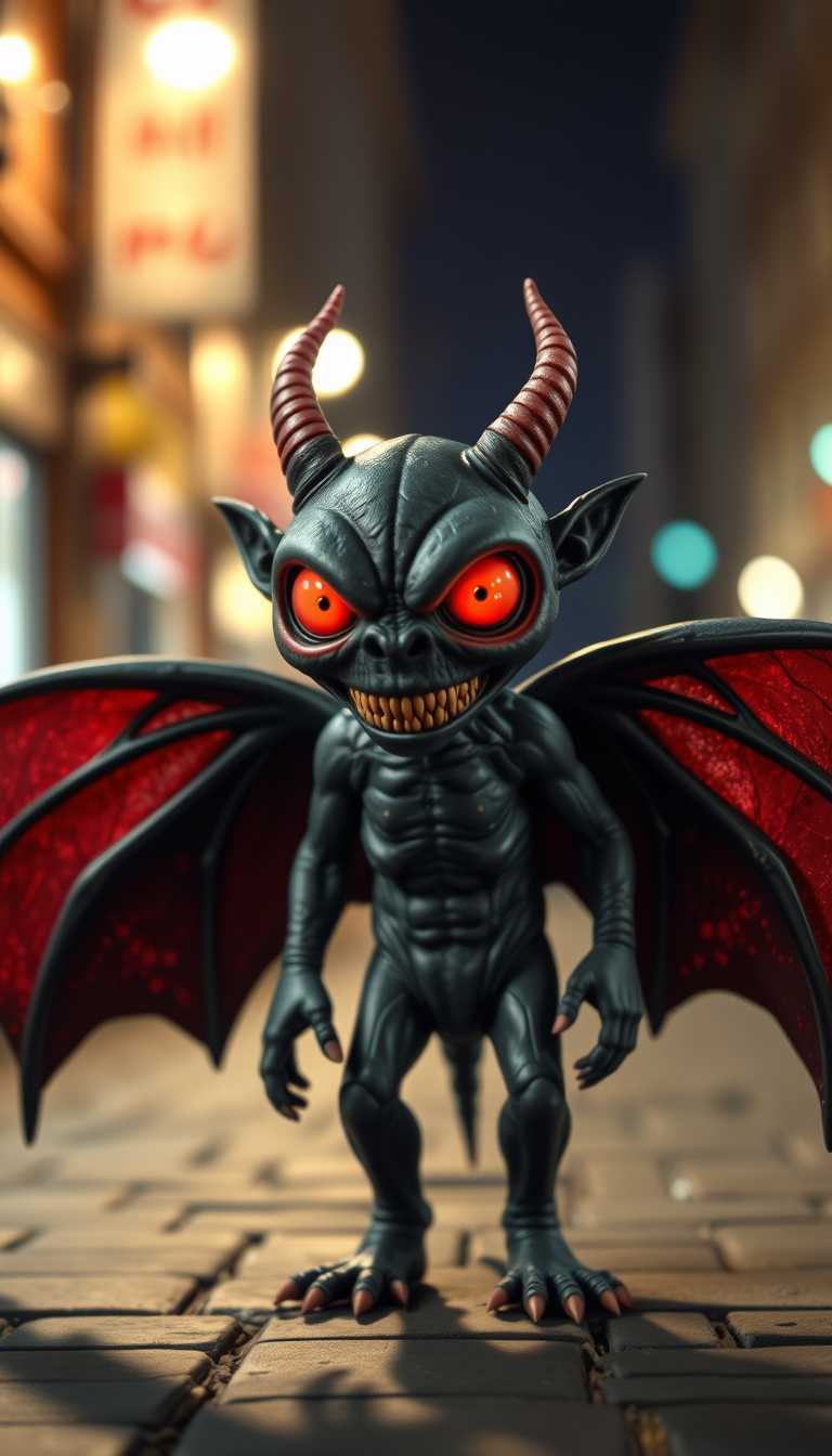 claymation cartoon mothman, glowing red eyes, horns, bat wings, urban night shot