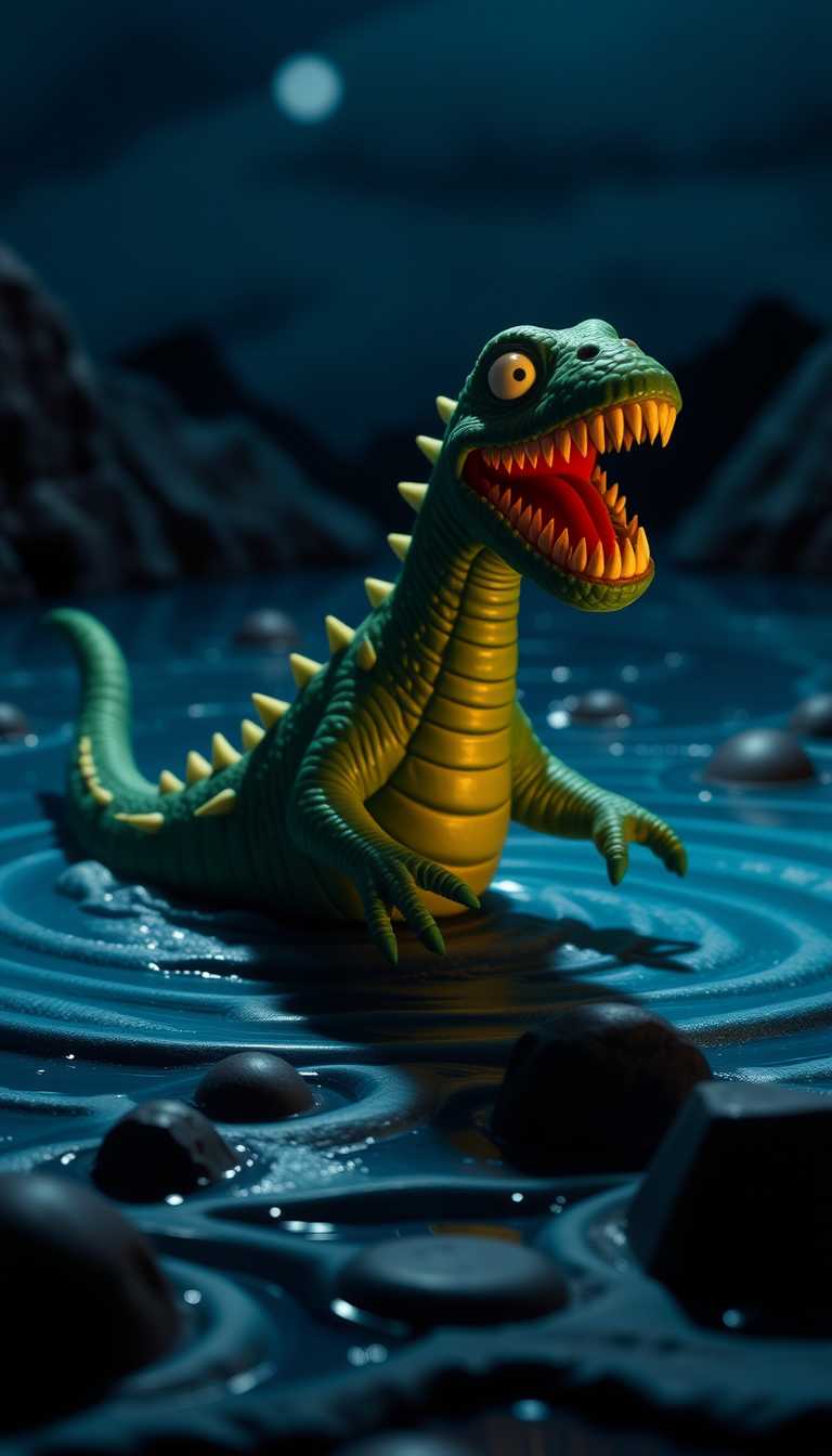 Fantasy Creature A Green Alligator with Sharp Teeth in a Dark Swampy Environment