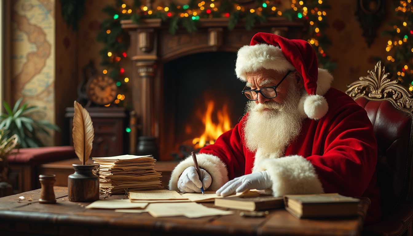 A cozy and detailed scene featuring Santa Claus seated at an expansive, richly textured oak desk, meticulously checking his list in his workshop. The room is warmly lit with a golden glow emanating from a crackling fireplace in the background, casting gentle shadows and highlighting the intricate carvings on the desk. The walls are adorned with vintage clocks and maps, evoking a sense of timelessness. Santa, in his classic red and white attire, is absorbed in his task, his spectacles perched on the bridge of his nose. He is surrounded by stacks of letters from children and a feather quill in an old ink pot. The atmosphere is tranquil and magical, with a sense of anticipation in the air as colorful twinkling lights decorate the workshop. The composition captures a front-facing perspective, focusing on the warmth and intimate setting within Santa's cozy workspace.