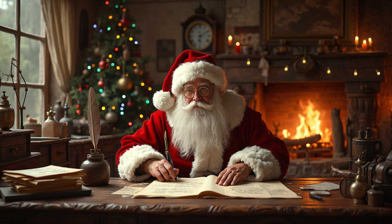 A cozy and detailed scene featuring Santa Claus seated at an expansive, richly textured oak desk, meticulously checking his list in his workshop. The room is warmly lit with a golden glow emanating from a crackling fireplace in the background, casting gentle shadows and highlighting the intricate carvings on the desk. The walls are adorned with vintage clocks and maps, evoking a sense of timelessness. Santa, in his classic red and white attire, is absorbed in his task, his spectacles perched on the bridge of his nose. He is surrounded by stacks of letters from children and a feather quill in an old ink pot. The atmosphere is tranquil and magical, with a sense of anticipation in the air as colorful twinkling lights decorate the workshop. The composition captures a front-facing perspective, focusing on the warmth and intimate setting within Santa's cozy workspace.