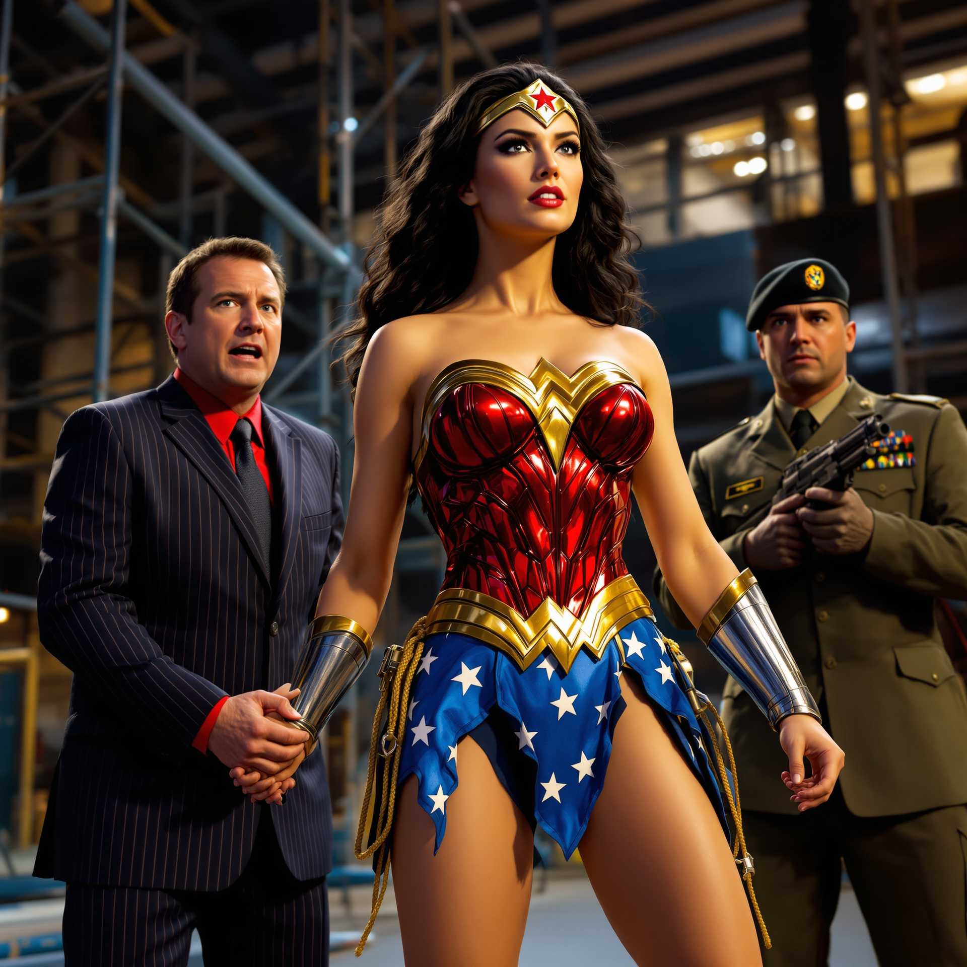 This is Wonder Woman.The colors are vibrant and saturated, with a high contrast between the bright, warm tones and the cooler, more muted background.The scene is set inindustrial or construction environment, with visible scaffolding, metal beams, and a large, open space. The lighting in the scene is dramatic, with a strong light source casting shadows that give the scene a threedimensional feel. The lighting also highlights the characters, with the Wonder Woman figure in the foreground being the focal point.The characters in the image are the most prominent feature. The Wonder Woman figure is dressed in a costume that is a faithful representation of the classic Wonder Woman design, with a red and gold bodice, a blue skirt with white stars, and a golden tiara with a red star. Her costume is detailed with gold trim and a golden lasso at her waist. Her pose is dynamic, with one arm extended and the other bent at the elbow, giving the impression of action or readiness.The man beside her is dressed in a dark, pinstriped suit with a red shirt and a dark tie. His expression is one of surprise or alarm, and his posture is tense, with his hands clasped together and his fingers interlocked. He appears to be reacting to something happening outside of the frame.In the background, there is a figure dressed in militarystyle attire, with a greenish uniform and a black beret. The figure is holding a gun and has a focused, determined expression on his face. The presence of this figure adds a sense of danger or tension to the scene.Overall, the image is a dynamic and dramatic scene that combines elements of superhero and action genres, set in an industrial environment. The use of lighting, color, and composition creates a sense of movement and tension, drawing the viewers attention to the central characters and the unfolding action.