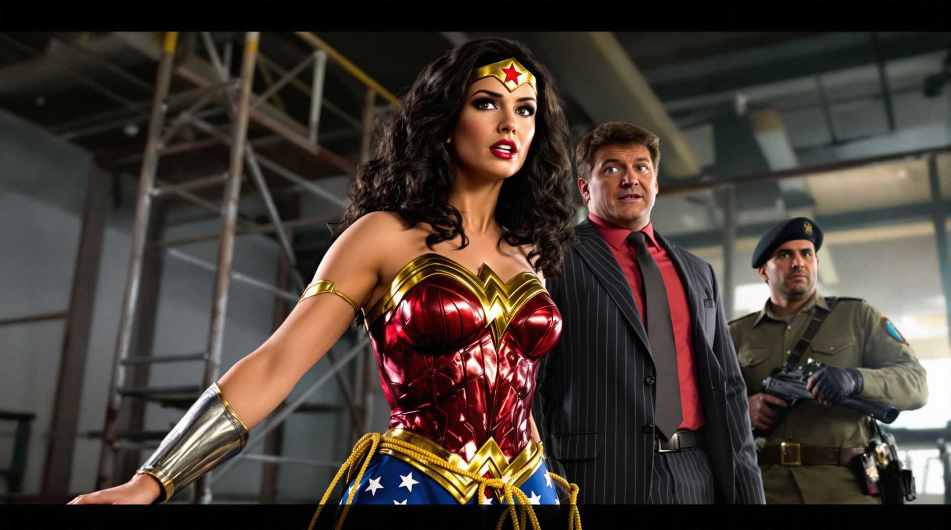 This is Wonder Woman.The colors are vibrant and saturated, with a high contrast between the bright, warm tones and the cooler, more muted background.The scene is set inindustrial or construction environment, with visible scaffolding, metal beams, and a large, open space. The lighting in the scene is dramatic, with a strong light source casting shadows that give the scene a threedimensional feel. The lighting also highlights the characters, with the Wonder Woman figure in the foreground being the focal point.The characters in the image are the most prominent feature. The Wonder Woman figure is dressed in a costume that is a faithful representation of the classic Wonder Woman design from the 1970's TV show, with a red and gold bodice, a blue with white stars, and a golden tiara with a red star. Her costume is detailed with gold trim and a golden lasso at her waist. Her pose is dynamic, with one arm extended and the other bent at the elbow, giving the impression of action or readiness.The man beside her is dressed in a dark, pinstriped suit with a red shirt and a dark tie. His expression is one of surprise or alarm, and his posture is tense,He appears to be reacting to something happening outside of the frame.In the background, there is a figure dressed in militarystyle attire, with a greenish uniform and a black beret. The figure is holding a gun and has a focused, determined expression on his face. The presence of this figure adds a sense of danger or tension to the scene.Overall, the image is a dynamic and dramatic scene that combines elements of superhero and action genres, set in an industrial environment. The use of lighting, color, and composition creates a sense of movement and tension, drawing the viewers attention to the central characters and the unfolding action.