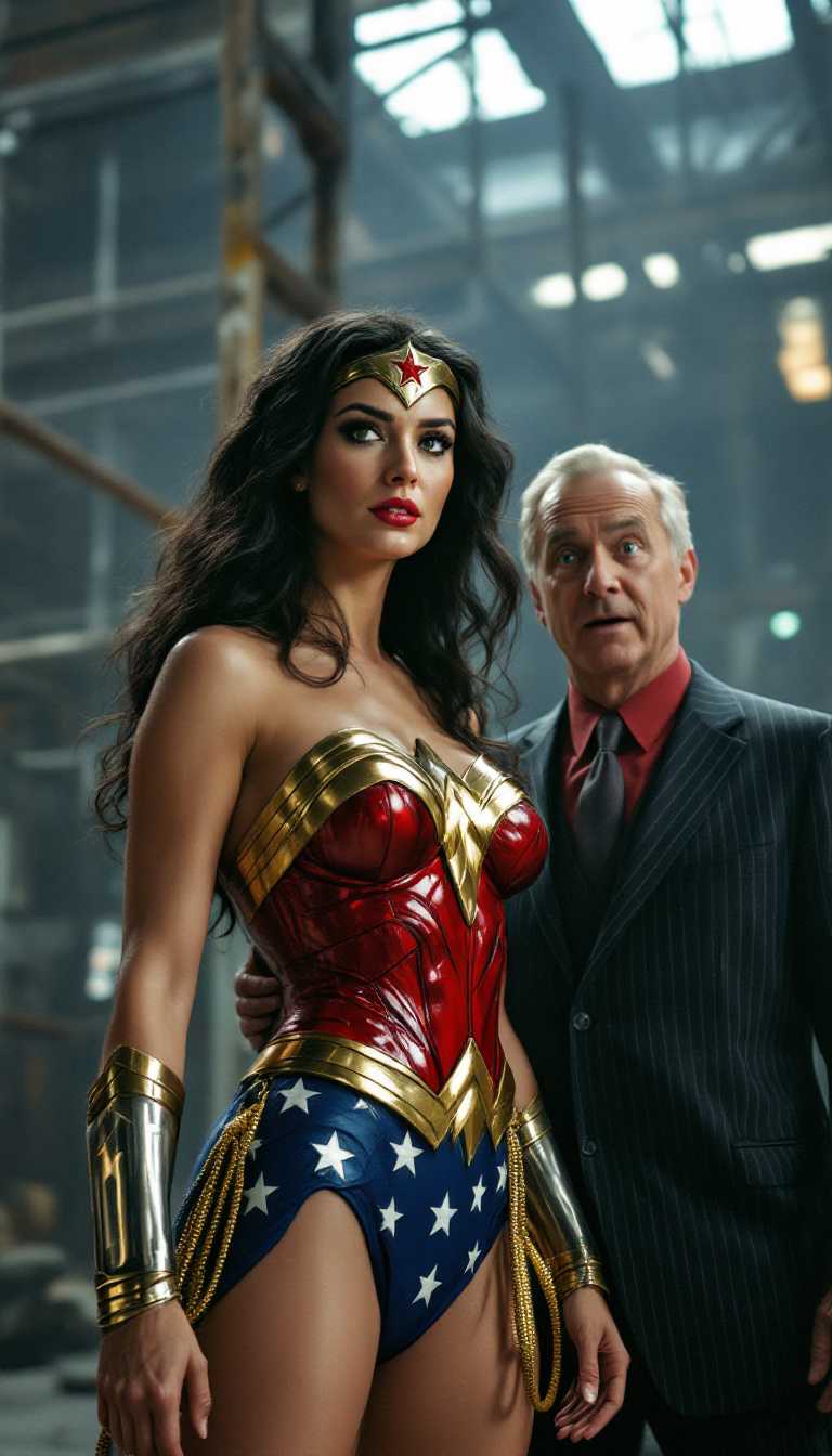 This is Wonder Woman.The colors are vibrant and saturated, with a high contrast between the bright, warm tones and the cooler, more muted background.The scene is set inindustrial or construction environment, with visible scaffolding, metal beams, and a large, open space. The lighting in the scene is dramatic, with a strong light source casting shadows that give the scene a threedimensional feel. The lighting also highlights the characters, with the Wonder Woman figure in the foreground being the focal point.The characters in the image are the most prominent feature. The Wonder Woman figure is dressed in a costume that is a faithful representation of the classic Wonder Woman design from the 1970's TV show, with a red and gold bodice, a blue with white stars, and a golden tiara with a red star. Her costume is detailed with gold trim and a golden lasso at her waist. Her pose is dynamic, with one arm extended and the other bent at the elbow, giving the impression of action or readiness.The man beside her is dressed in a dark, pinstriped suit with a red shirt and a dark tie. His expression is one of surprise or alarm, and his posture is tense,He appears to be reacting to something happening outside of the frame.In the background, there is a figure dressed in militarystyle attire, with a greenish uniform and a black beret. The figure is holding a gun and has a focused, determined expression on his face. The presence of this figure adds a sense of danger or tension to the scene.Overall, the image is a dynamic and dramatic scene that combines elements of superhero and action genres, set in an industrial environment. The use of lighting, color, and composition creates a sense of movement and tension, drawing the viewers attention to the central characters and the unfolding action.