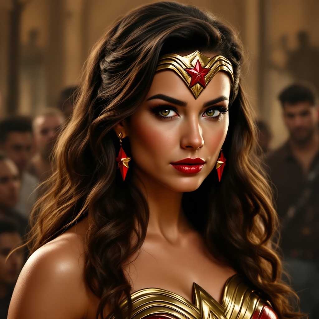 This image features a closeup of a person wearing a costume that is reminiscent of Wonder Woman, a popular superheroine. The costume includes a golden tiara with a red star in the center, which is a hallmark of the Wonder Woman character. The tiara is worn on the head, and the hair is styled in waves, which falls over the shoulders and down the back.The person is wearing red earrings that match the red star on the tiara, and the color red is prominent throughout the costume. The art style appears to be a blend of realism and stylization, with a focus on the iconic elements of the costume.The medium of the image is not clear, but it appears to be a still from a film or television show, given the quality and the way the light and shadows are cast on the subjects face. The colors are rich and vibrant, with a warm palette that includes gold, red, and various shades of brown and black in the background.In the background, there are indistinct figures that seem to be part of a crowd or gathering, but their details are not clear. The focus of the image is on the person wearing the Wonder Woman costume, and the background is intentionally blurred to keep the attention on the subject.