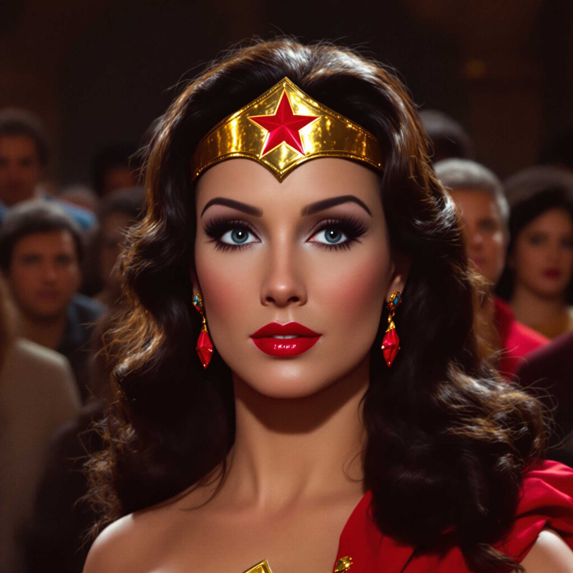 This image features a closeup of a person wearing a costume that is of Wonder Woman from the 1970's TV show with [Lyndia Carter, a popular superheroine. The costume includes a golden tiara with a red star in the center, which is a hallmark of the Wonder Woman character. The tiara is worn on the head, and the hair is styled in waves, which falls over the shoulders and down the back.The person is wearing red earrings that match the red star on the tiara, and the color red is prominent throughout the costume. The art style appears to be a blend of realism and stylization, with a focus on the iconic elements of the costume.The medium of the image is not clear, but it appears to be a still from a film or television show, given the quality and the way the light and shadows are cast on the subjects face. The colors are rich and vibrant, with a warm palette that includes gold, red, and various shades of brown and black in the background.In the background, there are indistinct figures that seem to be part of a crowd or gathering, but their details are not clear. The focus of the image is on the person wearing the Wonder Woman costume, and the background is intentionally blurred to keep the attention on the subject.