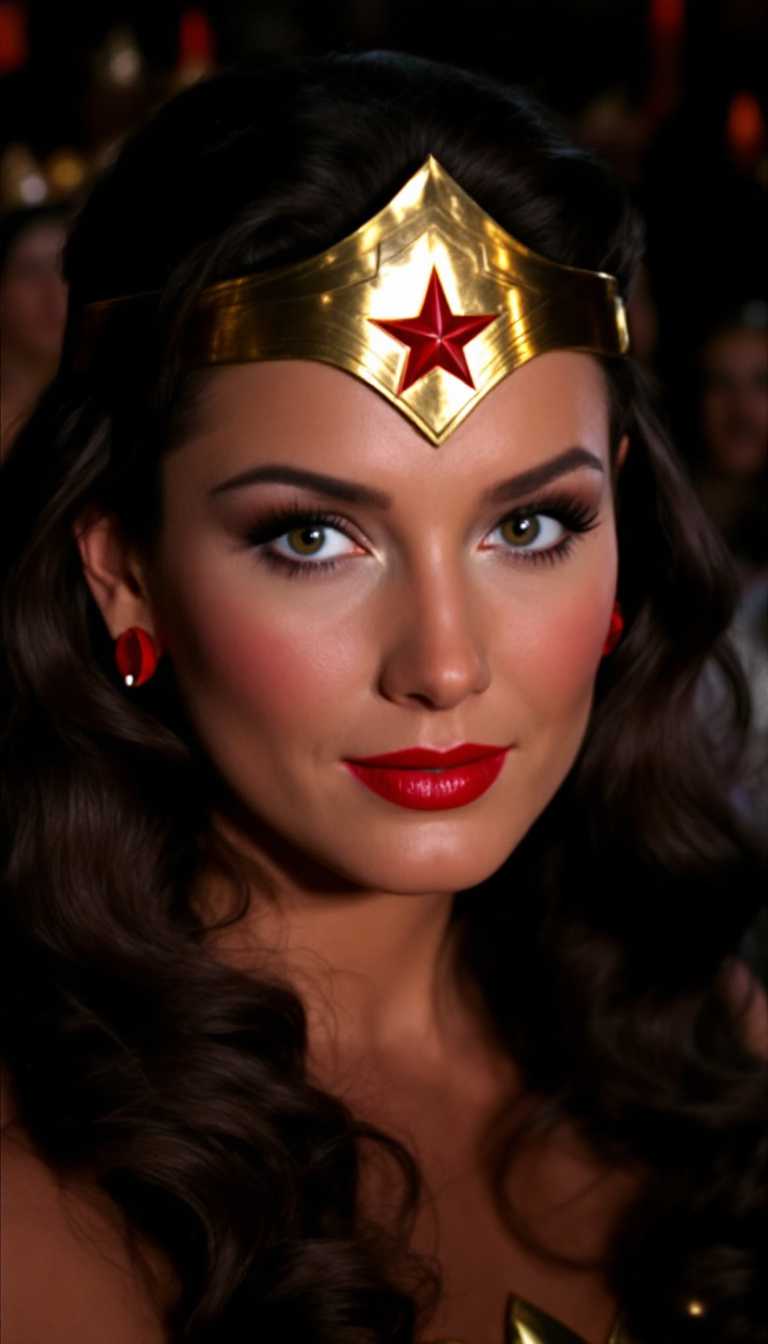 This image features a closeup of a person wearing a costume that is of Wonder Woman from the 1970's TV show with [Lyndia Carter] a popular superheroine. The costume includes a golden tiara with a red star in the center, which is a hallmark of the Wonder Woman character. The tiara is worn on the head, and the hair is styled in waves, which falls over the shoulders and down the back.The person is wearing red earrings that match the red star on the tiara, and the color red is prominent throughout the costume. The art style appears to be a blend of realism and stylization, with a focus on the iconic elements of the costume.The medium of the image is not clear, but it appears to be a still from a film or television show, given the quality and the way the light and shadows are cast on the subjects face. The colors are rich and vibrant, with a warm palette that includes gold, red, and various shades of brown and black in the background.In the background, there are indistinct figures that seem to be part of a crowd or gathering, but their details are not clear. The focus of the image is on the person wearing the Wonder Woman costume, and the background is intentionally blurred to keep the attention on the subject.
