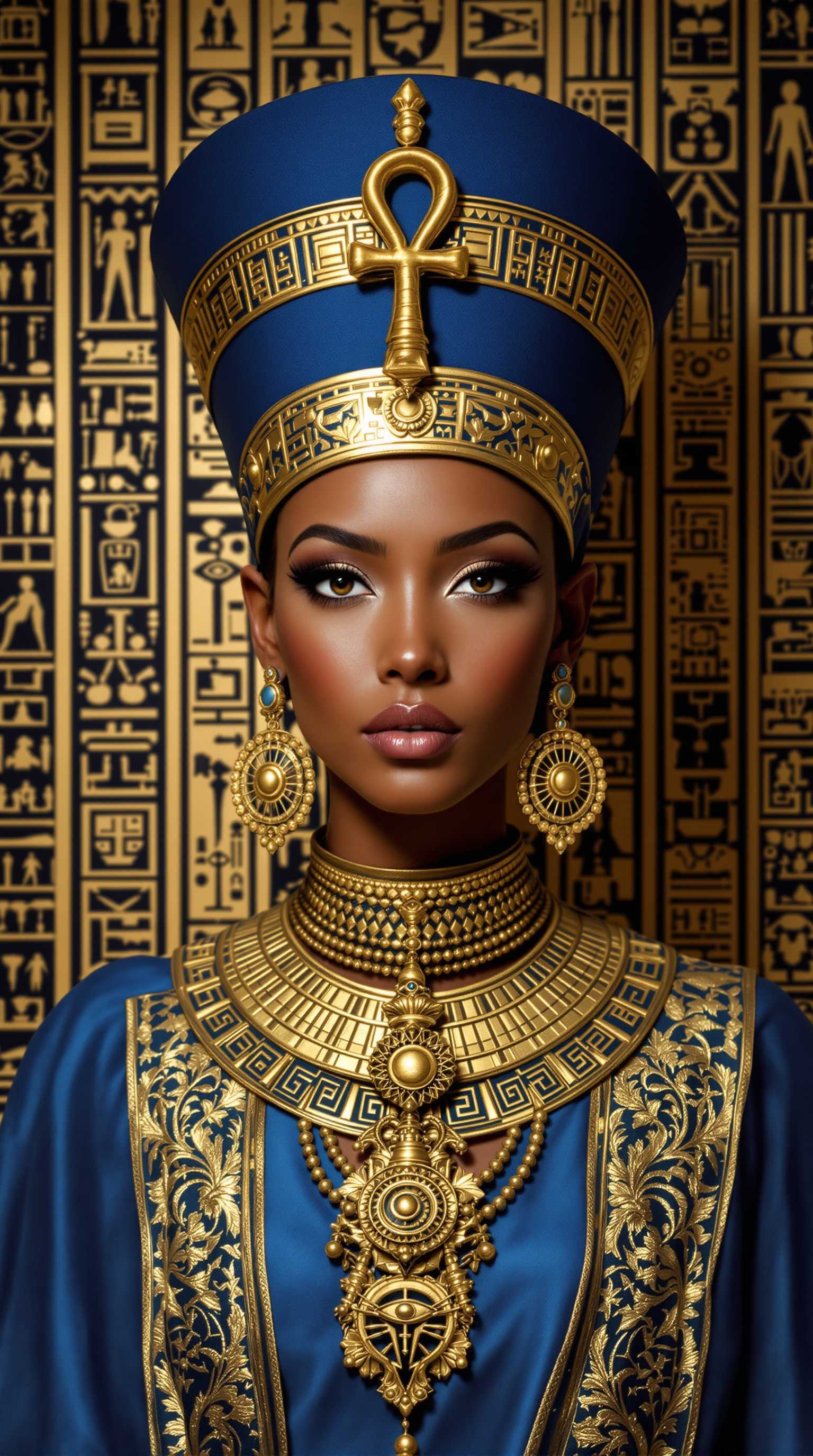 A hyper-realistic surreal artwork of an ancient queen, standing regally against a backdrop of intricate hieroglyphs. She wears an elaborate blue and gold headdress shaped like an ancient Egyptian crown, adorned with a large golden ankh symbol at its center, signifying eternal life. Her face is striking, with flawless light brown skin, almond-shaped eyes lined with precise black eyeliner, and an expression of serene authority. The detailing on her face captures every pore and hair, lending the piece an almost photographic quality. She is adorned with ornate gold jewelry, including large, intricately designed earrings and multiple layered necklaces featuring Egyptian symbols such as the Eye of Horus and the ankh. Her flowing blue robe is richly detailed with golden patterns that echo the ancient hieroglyphic script behind her, blending seamlessly with the background. The contrast between the soft fabric and the hardness of the gold jewelry is depicted in exquisite detail, enhancing the surreal yet hyper-realistic feel of the image. Every element, from the texture of her skin to the fine engravings on her jewelry, is rendered with painstaking precision, creating a timeless, almost divine presence. Created by Sasan.
