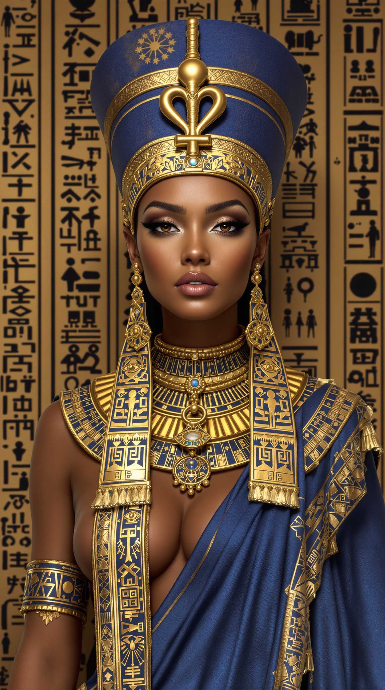 A hyper-realistic surreal artwork of an ancient queen, standing regally against a backdrop of intricate hieroglyphs. She wears an elaborate blue and gold headdress shaped like an ancient Egyptian crown, adorned with a large golden ankh symbol at its center, signifying eternal life. Her face is striking, with flawless light brown skin, almond-shaped eyes lined with precise black eyeliner, and an expression of serene authority. The detailing on her face captures every pore and hair, lending the piece an almost photographic quality. She is adorned with ornate gold jewelry, including large, intricately designed earrings and multiple layered necklaces featuring Egyptian symbols such as the Eye of Horus and the ankh. Her flowing blue robe is richly detailed with golden patterns that echo the ancient hieroglyphic script behind her, blending seamlessly with the background. The contrast between the soft fabric and the hardness of the gold jewelry is depicted in exquisite detail, enhancing the surreal yet hyper-realistic feel of the image. Every element, from the texture of her skin to the fine engravings on her jewelry, is rendered with painstaking precision, creating a timeless, almost divine presence,with a large chest. Created by Sasan.