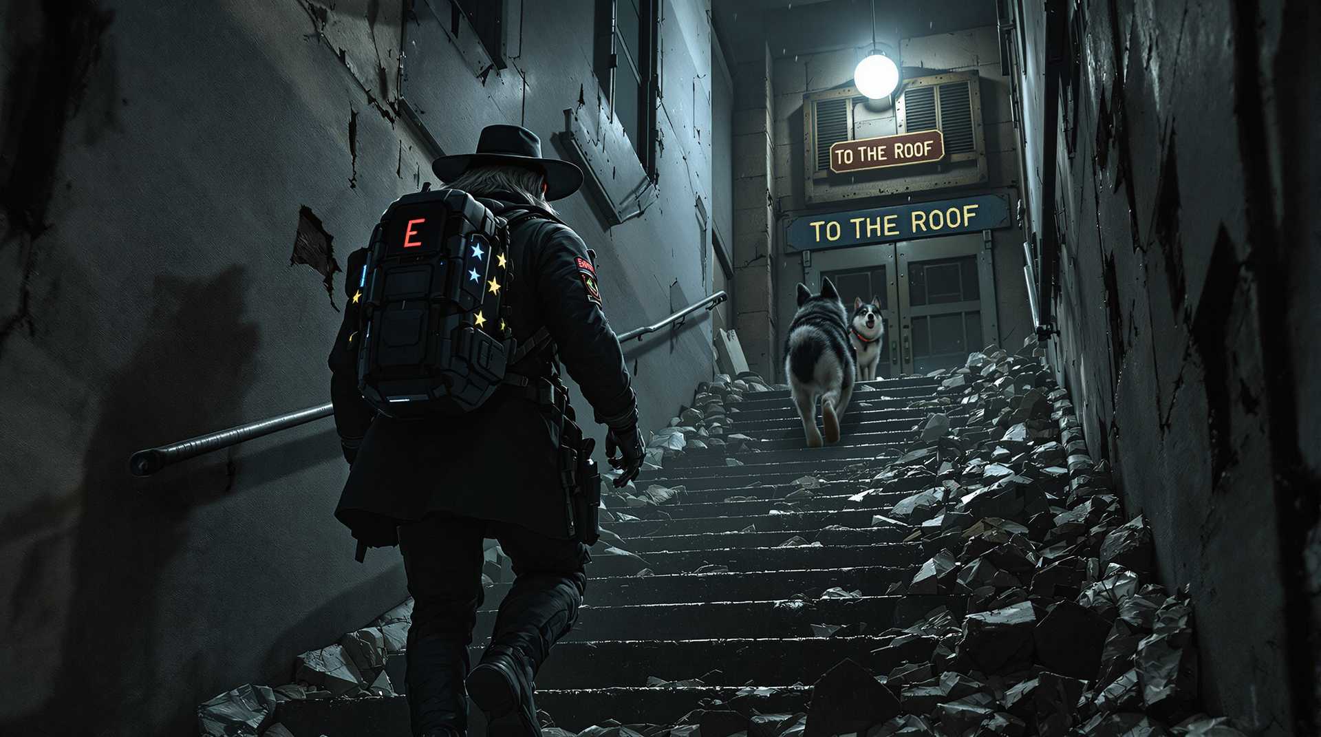 masterpiece, best quality, highres, sharp image, more detail <lora:more_details:0.5> <lora:SDXLrender_v2.0:1>, Scene Description:

SteffN and his huskie ascend the narrow, crumbling staircase, the faint echo of their footsteps reverberating through the eerie silence of the abandoned building. The heavy iron door slams shut behind them with a resonant thud, sealing them inside the darkened, decaying interior. The staircase, littered with debris and the remains of a forgotten world, feels oppressive, each step a reminder of the brokenness around them. Shattered glass, broken concrete, and remnants of old equipment are scattered across the floor, casting long, jagged shadows in the flickering light from a weak ball overhead. The dim glow sputters intermittently, offering only brief glimpses of the building's decay and adding to the foreboding atmosphere. The space, once utilitarian, now seems to hold the weight of years of neglect and collapse.

Foreground: With his back to the camera, SteffN walks up the staircase, rifle in hand, aimed steady at the shadows ahead. His posture is tense, every movement calculated. His piercing heterochromatic eyes—one green, one blue—glow faintly beneath his smoke-tinted AR sunglasses, focused and alert. His wide-brimmed, coal-black cowboy hat shields his face, leaving only the silhouette of his rugged figure visible. His long grey hair, streaked with white, flows past his shoulders, while his three-week-old beard, also streaked with white, gives him a battle-hardened look.

His high-tech, coal-black winter coat fits snugly against his body, the collar turned up to protect from the chill, resembling the attire of a sci-fi military pilot. Glowing LED indicators pulse faintly along the seams of the coat, casting a dim, eerie glow as he moves. Military-style patches decorate his arms—‘The Enclave’ in red on one arm, black stars circling an ‘E’ on the other, signaling his affiliation and strength. His dark grey military survival trousers are dusted with grime, and his black sci-fi military boots crunch over the debris-filled steps. Slung over his shoulder is his ‘Brotherhood of Steel’ survival backpack, showing signs of wear from countless travels across the ruined world.

His alien-metal rifle rests securely in his hands, its LED lights flickering as he moves upward. The faint glow of the rifle's lights mirrors the irregular pulse of the flickering light ball overhead, signaling the instability of their surroundings. SteffN’s eyes remain vigilant, scanning the upper staircase, aware of the lurking alien critters in the shadows.

Background: The distant rumble of thunder signals the growing storm outside, the wind beginning to pick up as the air grows heavy with the scent of rain. A few droplets settle on the cracked windows of the building, adding to the feeling of tension. The stairwell, suffused with decay and dim light, feels increasingly claustrophobic. Dust hangs thick in the air, disturbed only by the movements of SteffN and his huskie, whose glowing collar pulses faintly as it trots quietly beside him, ears alert, senses keen for any signs of danger.

The path upward toward safety is fraught with unseen perils. Alien critters, their eyes glowing in the shadows, remain hidden in cracks and broken doors, too cautious to be exposed in the fading light. The storm outside grows louder, the wind rattling the building’s crumbling frame, while the first drops of rain begin to fall, their pitter-patter further heightening the tension. SteffN remains focused, rifle aimed ahead, as he climbs steadily, his huskie close at his side. Both move with the silent precision of seasoned survivors, attuned to the dangers lurking in this forgotten world.

Their goal is the roof, higher ground where they can find safety. The flickering light above casts intermittent bursts of brilliance, revealing more debris—broken furniture, overturned crates, and discarded supplies. These remnants are silent markers of lives that once were. In this forsaken space, no humans remain, only SteffN and his huskie, moving through the ruins with purpose, ever aware of the alien creatures lurking in the shadows.

As they approach the top of the staircase, a sign visible on the door ahead reads: "To The Roof." This is their destination, their hope for safety. But SteffN remains ever vigilant, eyes flicking between the staircase above and the flickering light ball overhead, anticipating danger at every step. The alien creatures are never far behind, and time is running out.