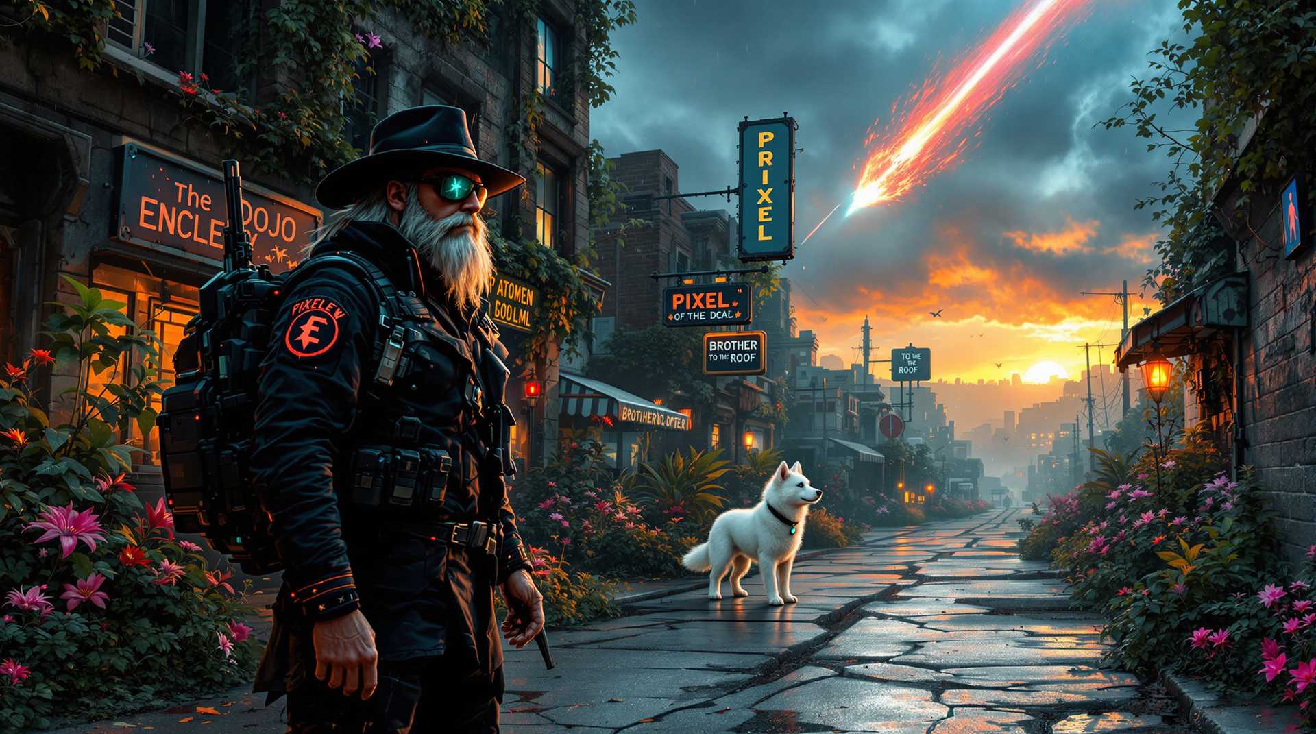 masterpiece, best quality, highres, sharp image, more detail, Scene Description:

The scene opens on a desolate city street, overgrown with dense, lush greenery as jungle vegetation reclaims the ruins. Towering mutated plants and eerie, oversized flowers dominate the scene, vibrant against the cracked concrete. Strange, oversized insects flit around the foliage, their colors vibrant in the waning sunlight. Alien critters lurk ominously behind broken windows and darkened doorways, avoiding the last rays of daylight as the sun sets, casting a haunting glow over the overgrown ruins.

Foreground:
SteffN stands on the uneven street, dressed in his coal-black, high-tech winter coat, the collar turned up against the light drizzle in the air. The coat resembles a sci-fi military pilot jacket with subtle glowing LED indicators along the seams, and his wide-brimmed, coal-black cowboy hat is adorned with atompunk accents. His rugged face shows intense heterochromatic eyes—one green, one blue—beneath smoke-tinted, transparent-frame AR sunglasses. His long, grey hair, streaked with white, flows slightly in the breeze, and his three-week-old grey beard with white stripes enhances his hardened look. Patches on his coat’s arms read 'The Enclave' in red and a black star-circle emblem with an 'E' on the other arm. He wears black military survival trousers and dark grey sci-fi military boots.

A sci-fi revolver rests on his hip, and his sleek rifle with flickering LED indicators is slung over his shoulder, ready. His well-worn 'Brotherhood of Steel' survival backpack, still strapped on his back, bulges slightly with essential items for the journey.

Beside him:
The white-furred huskie stands alert at his side, its heterochromatic eyes—one blue, one green—glowing faintly. The dog wears a smart collar with small LED lights, adding a futuristic touch to its rugged appearance. As SteffN glances toward the distant horizon, a meteor streaks across the sky, crashing with a mighty explosion somewhere beyond the city. The huskie barks once, ears perked, sensing the danger as the clouds move rapidly and distant lightning strikes above.

Background Elements:
The storm looms, with light rain beginning to fall. The fast-moving clouds above signal the incoming storm, flashes of lightning intermittently illuminating the city. A sign reading "Pixel Dojo" hangs over a nearby building, and a metal door beside it displays a faded symbol and the words "To The Roof," hinting at their intended path to safety.

In the background, the remnants of a deserted shop, “Pixel Dojo,” and a nearby door marked "To The Roof" signal their possible escape to higher ground, though SteffN remains wary of the lurking alien critters, hiding within the shadows of the abandoned structures, avoiding the last remnants of daylight.