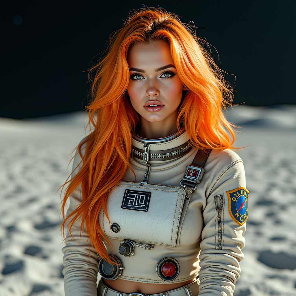 masterpiece, best quality, highres, sharp image, more detail <lora:more_details:0.5> <lora:SDXLrender_v2.0:1>, TOKONIAORANGEHAIR woman, wearing a space suit, on the moon