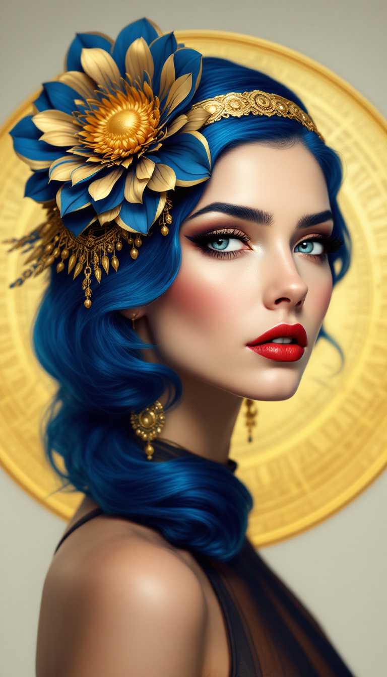 This image is a digital artwork that captures a closeup portrait of a woman. The art style is reminiscent of Art Nouveau or Art Deco, with its intricate details and ornamental elements. The medium appears to be digital painting, given the smooth blending of colors and the lack of texture that might be present in a traditional painting.The colors in the image are rich and vibrant. The womans hair is a deep, royal blue, which stands out against the golden tones of her accessories. The golden headpiece she wears is adorned with a large, ornate blue flower with a golden center, which adds a pop of color to the composition. The circular background behind her is a gradient of gold, with a complex pattern that suggests a celestial or mechanical theme.The womans makeup is done in a style that echoes the opulence of the Art Deco era, with bold, winged eyeliner and a matte red lipstick that contrasts sharply with her pale skin. Her eyes are accentuated with dark, defined eyebrows and subtle eyeshadow, giving her a piercing gaze.She is wearing a necklace with multiple strands of pearls and a pendant that matches the blue of the flower in her hair. The necklace cascades down her collarbone, adding to the luxurious feel of the image.The overall mood of the image is one of elegance and opulence, with a touch of mystery. The womans expression is enigmatic, and the intricate details of her attire and the background suggest a world of wealth and sophistication.

